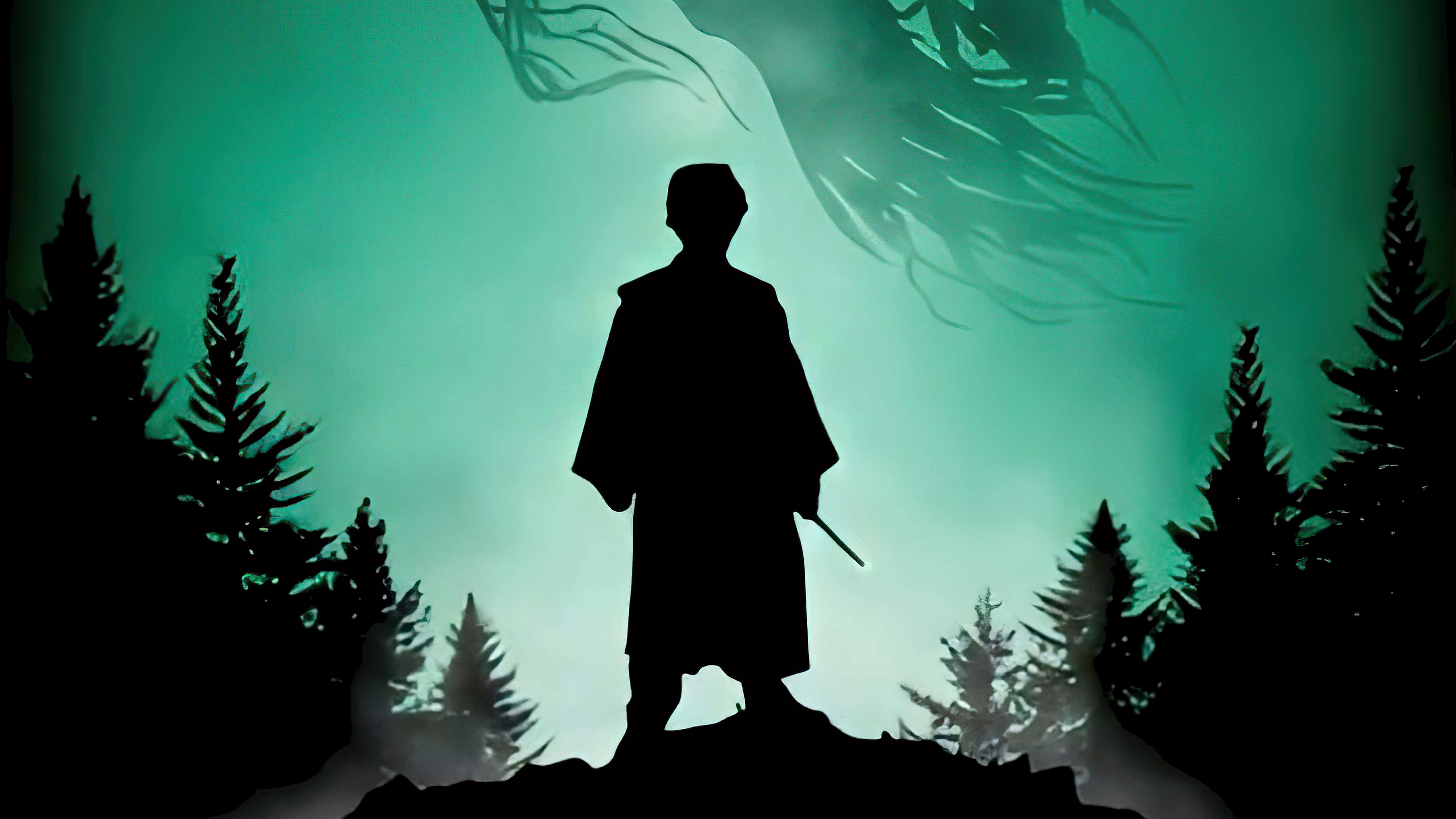 Silhouette Trees 桌布 壁紙 — 一個孤獨的戰士站在懸崖邊緣，以剪影形式面對一隻巨龍的影子，背景是發光的綠色天空。