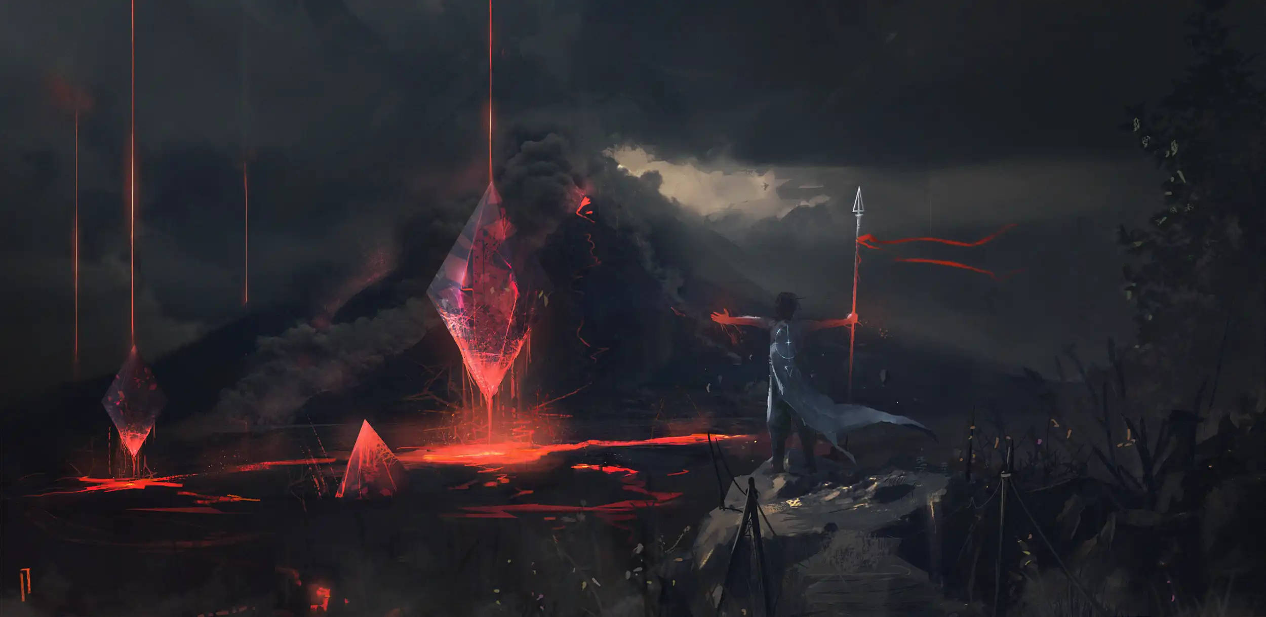 Sci Fi Landscape 桌布 壁紙 — 一個孤獨的戰士站在暴風雨天空下火山景觀上方懸浮的發光紅色水晶前。
