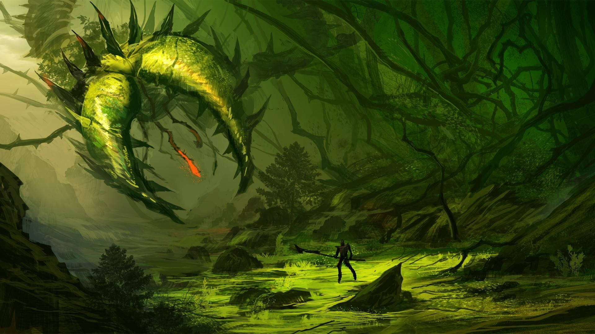 泰拉瑞亞 桌布 壁紙 — 一個孤獨的戰士站在沼澤森林中，下方是一條巨大的發光綠色龍，長有尖刺翅膀。