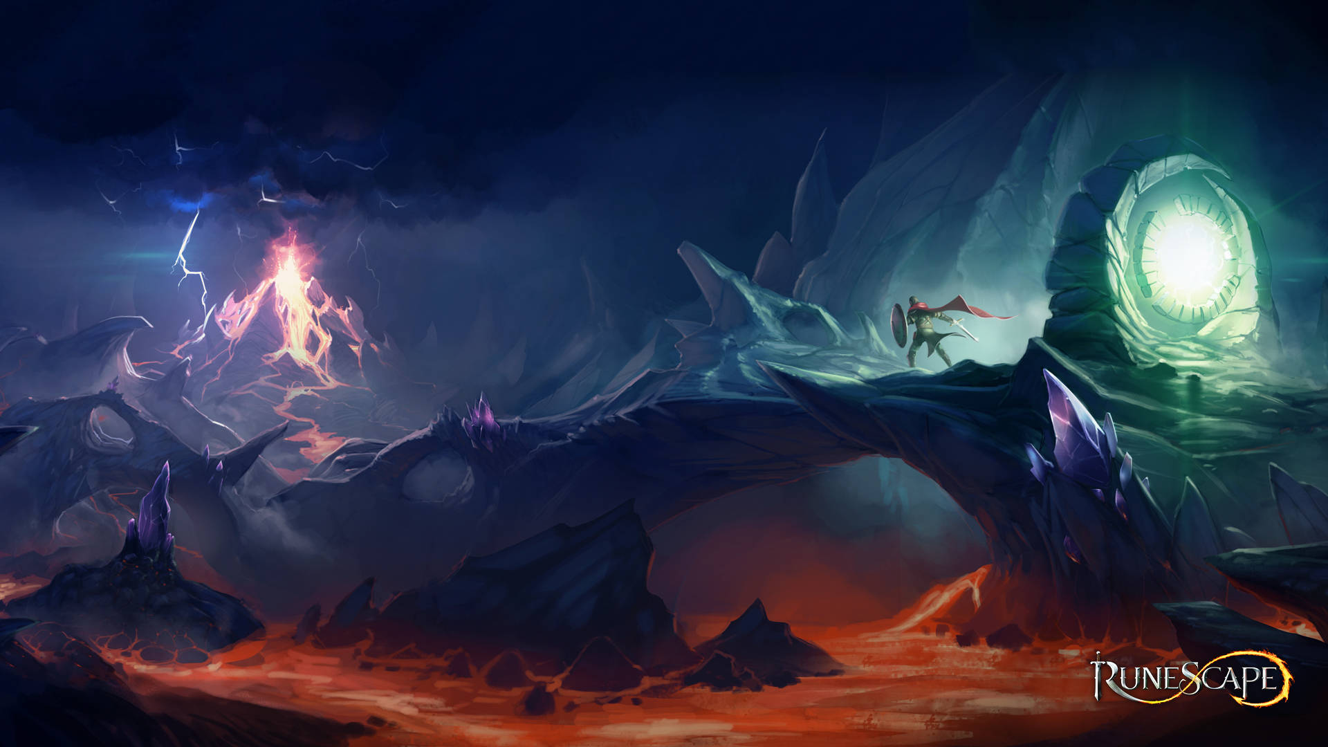 Runescape 桌布 壁紙 — 一個孤獨的戰士站在熔岩上的鋸齒橋上，面向一個發光的傳送門，而閃電在暴風雨的夜晚擊中一座火熱的山。