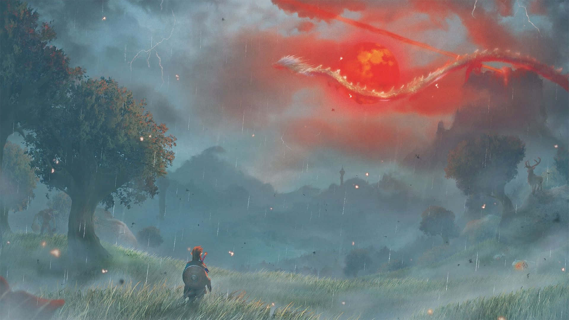 Breath Of The Wild 桌布 壁紙 — 一個孤獨的戰士站在被雨水浸透的田野中，仰望一隻巨大的紅龍在暴風雨的天空中翱翔，伴隨著一輪發光的太陽。