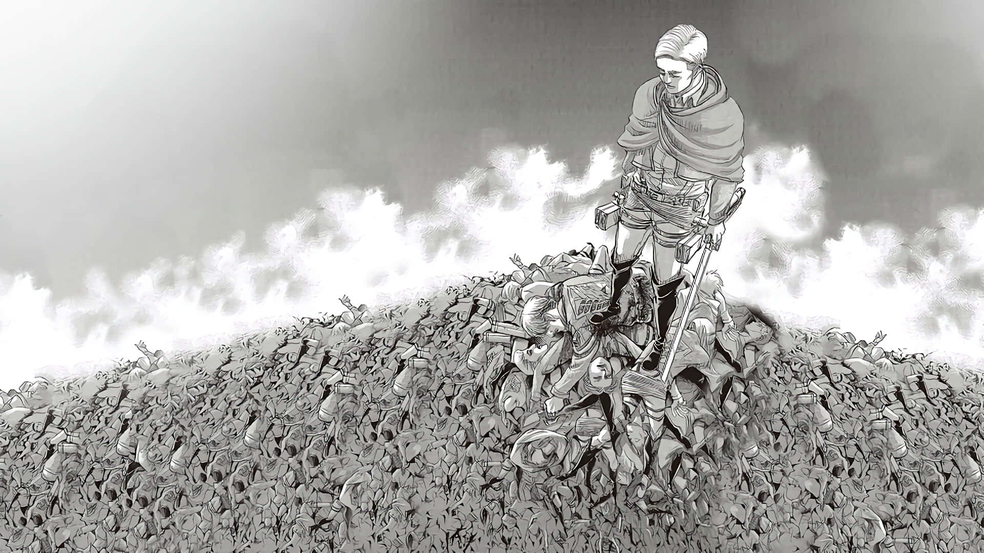 Attack On Titan Poster 桌布 壁紙 — 一個孤獨的戰士站在風暴天空下堆積如山的倒敵之上，一幅鮮明的黑白插圖。