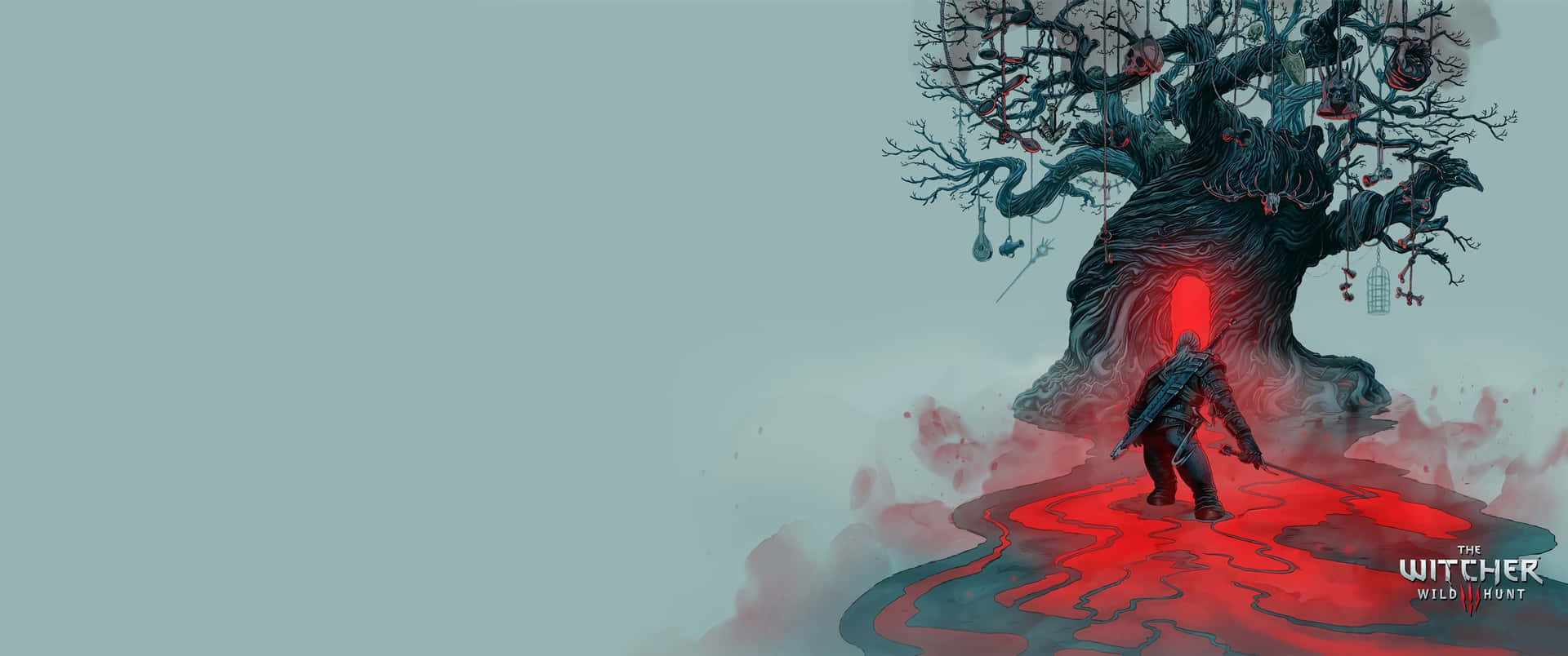 在奇幻遊戲場景中，一名戰士接近一棵帶有發光紅色傳送門的神秘樹木。 — 巫師 壁紙