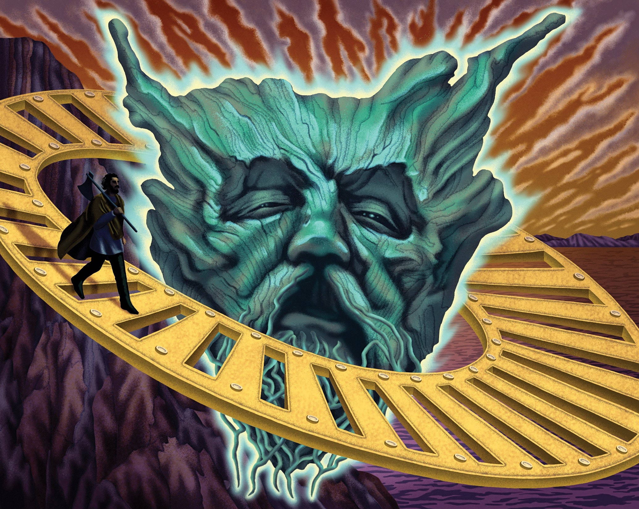 The Green Knight 桌布 壁紙 — 一個孤獨的戰士走在一條金色的橋上，跨越一個巨大的發光綠色樹靈面孔，處於超現實的幻想景觀中。
