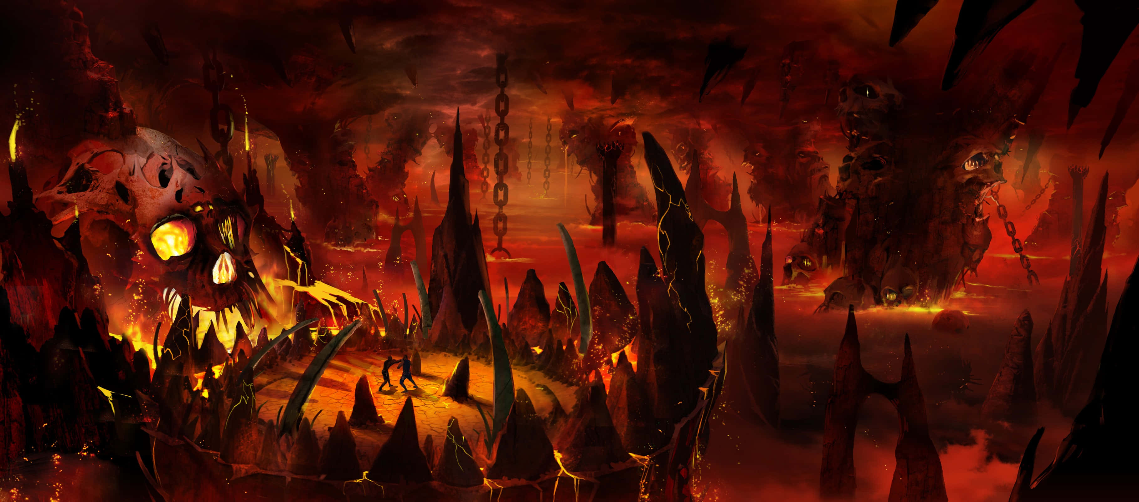 Demon Realm 桌布 壁紙 — 一個孤獨的戰士走過一個熾熱的地獄景觀，有鋸齒狀的黑曜石尖塔和發光的頭骨，在血紅的天空下。