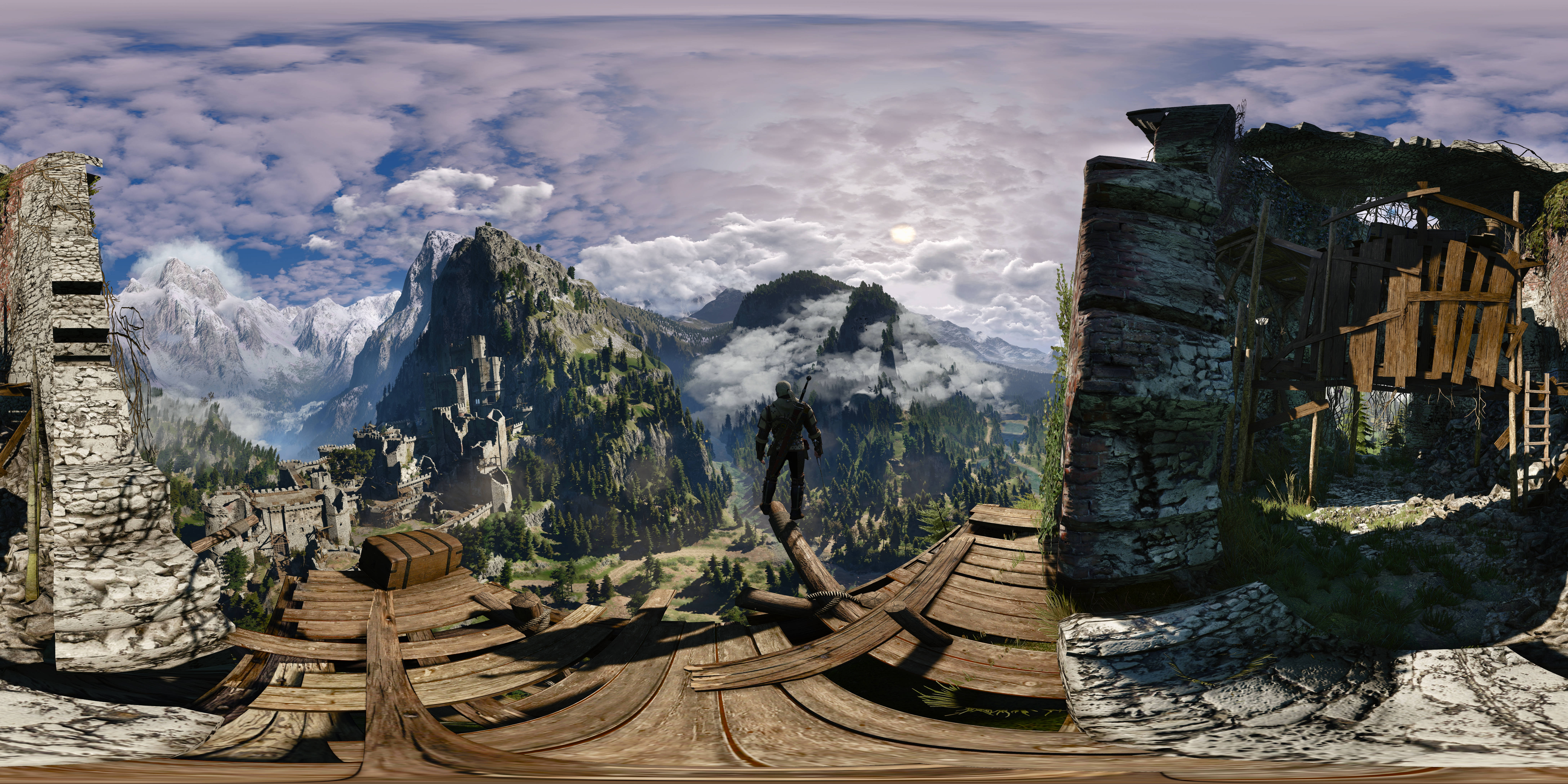 witcher 4K 桌布 壁紙 — 一個孤獨的戰士走過一條破舊的木橋，橋樑連接古老石頭廢墟，俯瞰霧氣籠罩的山谷。