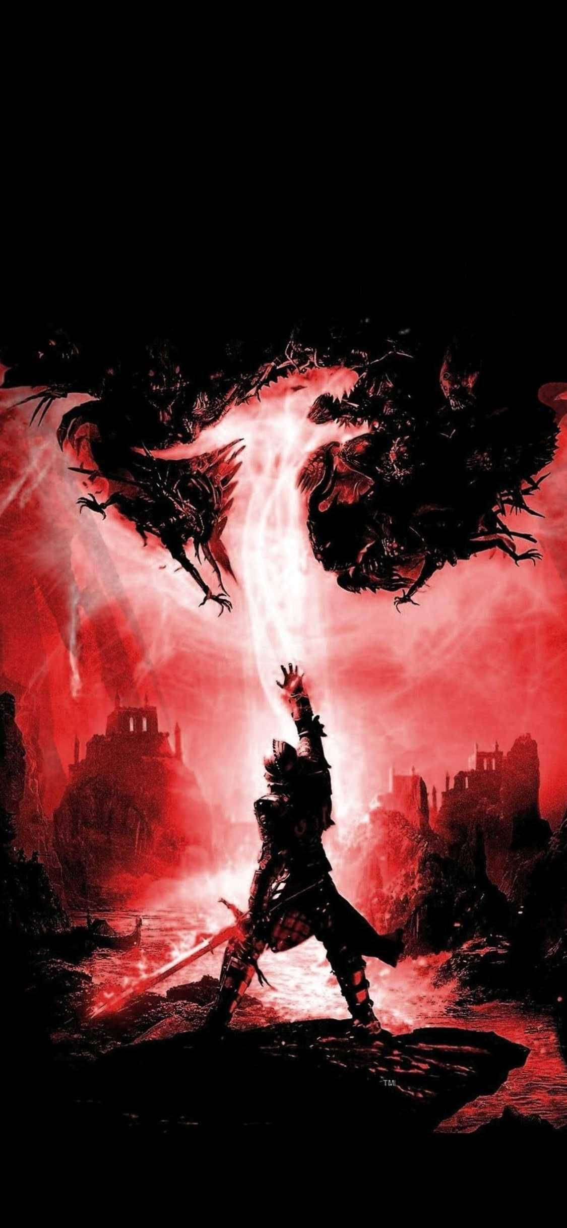 game 桌布 壁紙 — 一個孤獨的戰士身穿暗色盔甲，舉起發光的劍對抗深紅色的天空，而怪獸般的帶翼野獸從上方降臨。