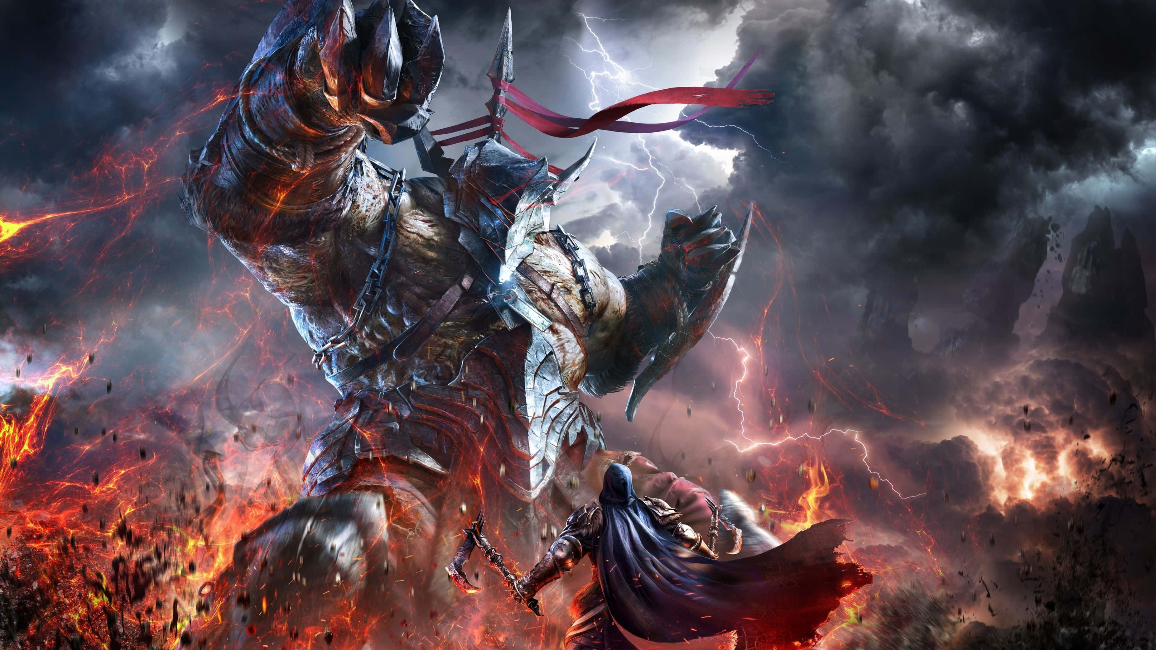 All Games 桌布 壁紙 — 一個孤獨的戰士身穿暗色長袍，在閃電和熔岩的風暴中面對一個巨大的裝甲惡魔。