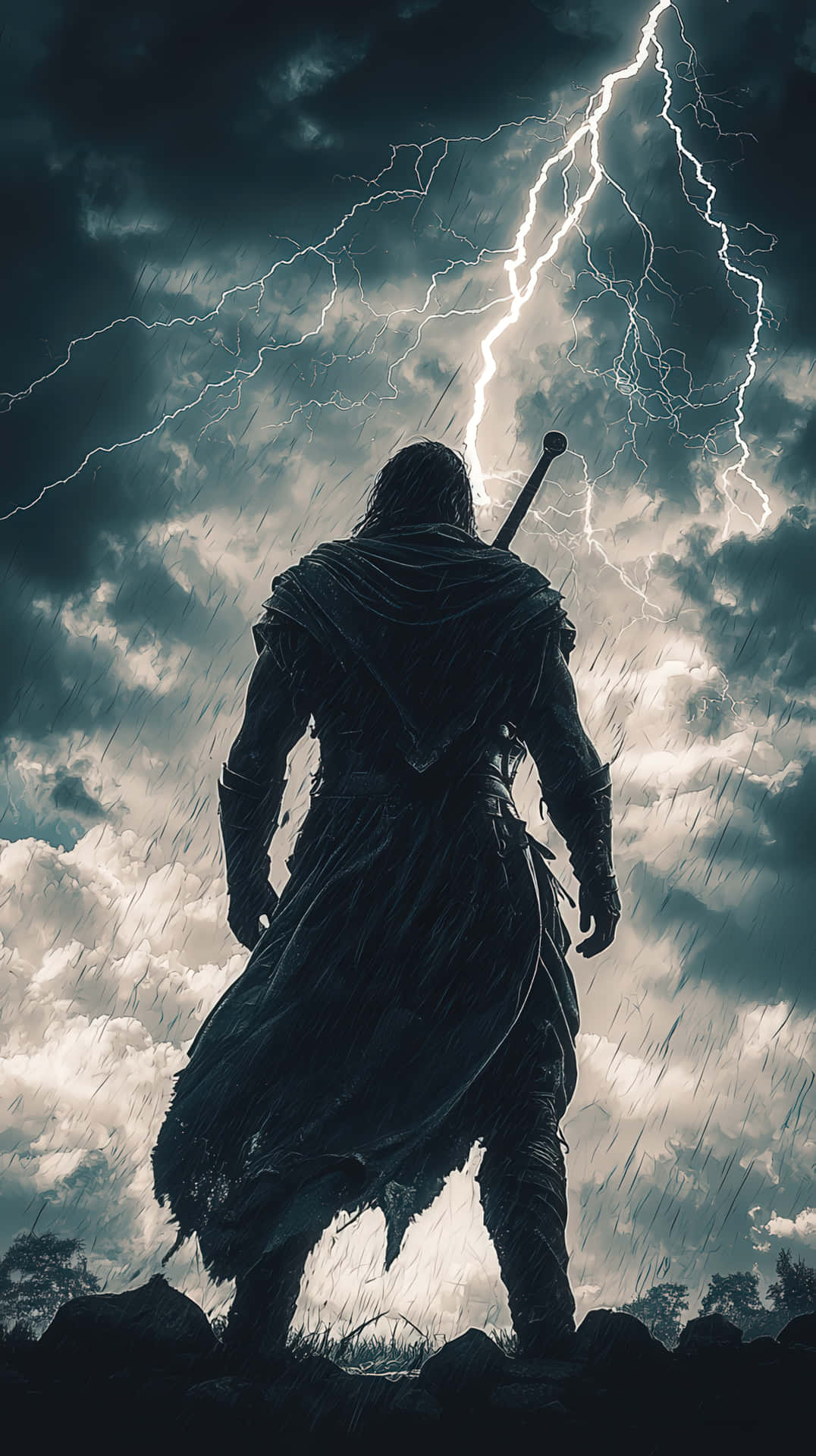 Lone warrior facing a stormy sky with lightning and heavy rain 壁紙 — 一個孤獨的戰士身穿深色長袍，在暴風雨的天空下形成剪影，閃電戲劇性地在頭頂分叉。