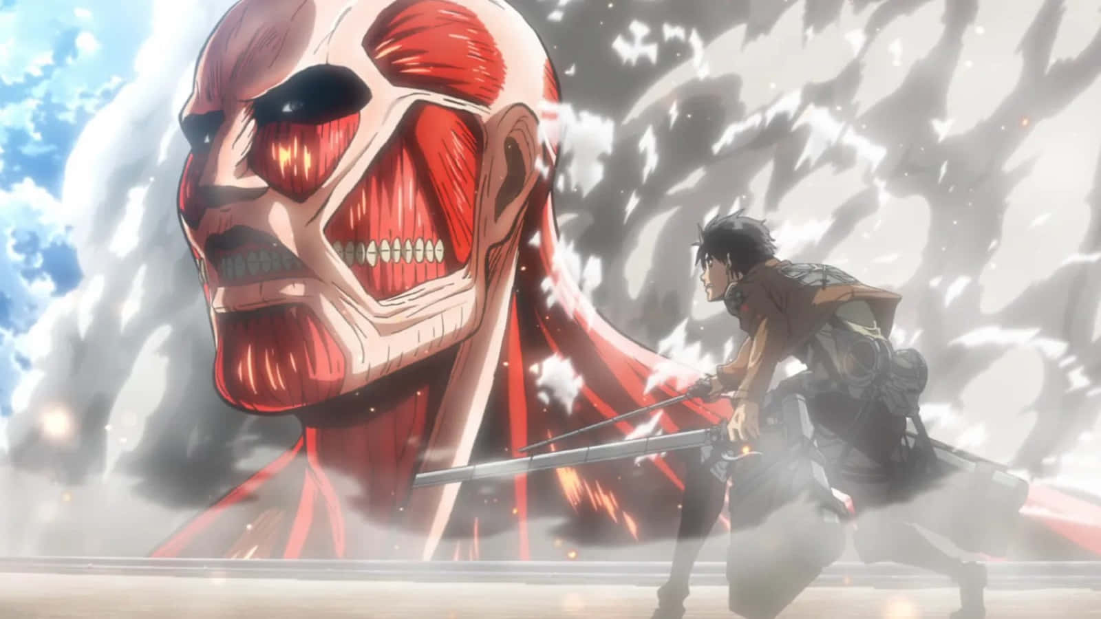 Wit Studio 桌布 壁紙 — 一個孤獨的戰士身穿盔甲，在陰雲密佈的天空下，揮劍斬向一個巨大的紅眼巨人，巨人眼睛發光，肌肉暴露。