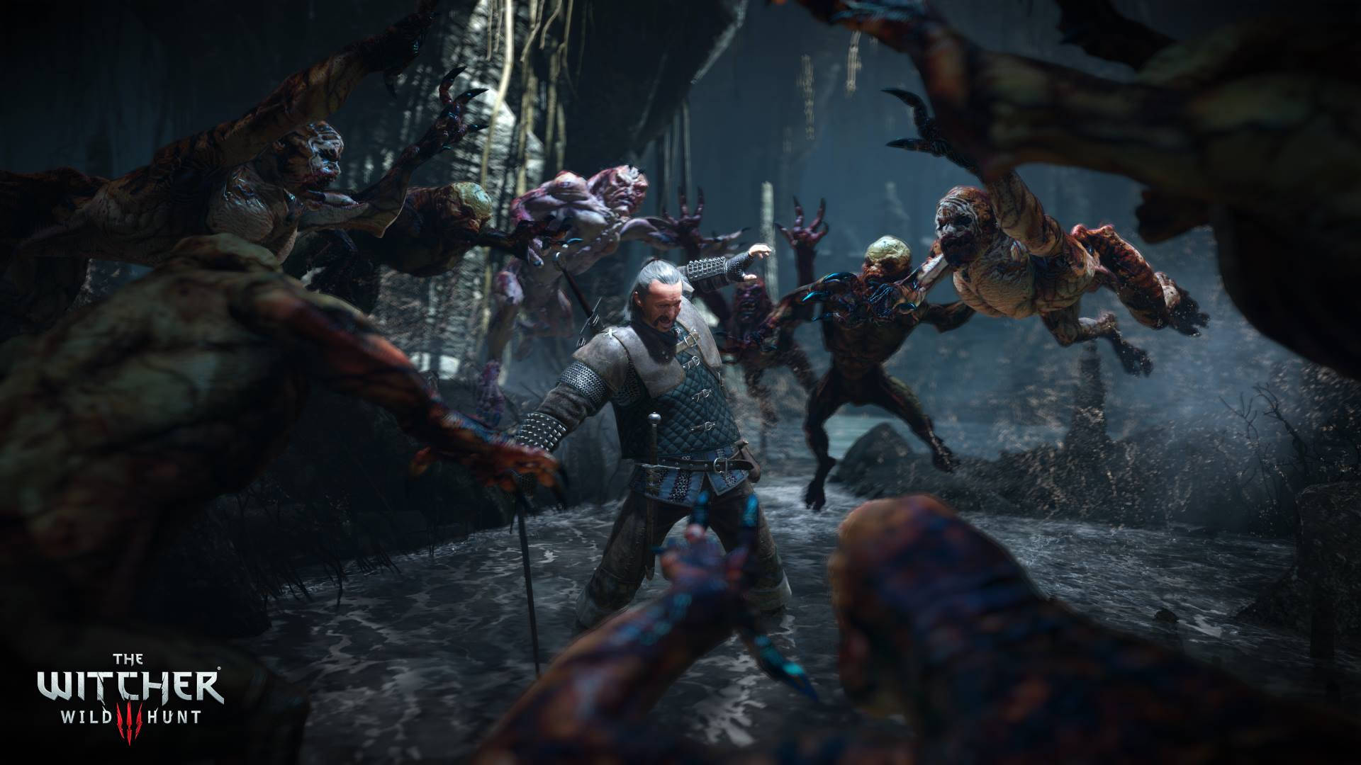 Witcher 3 桌布 壁紙 — 一個孤獨的戰士身穿盔甲，在黑暗、水淹的廢墟中挑釁地站立，而怪誕的怪物在他周圍蜂擁而至。