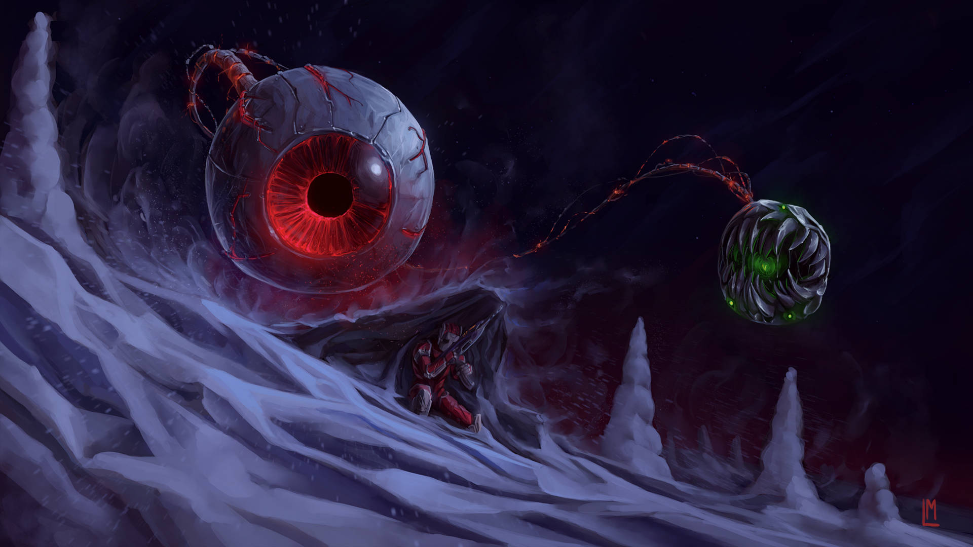 Terraria Moon Lord 桌布 壁紙 — 一個孤獨的戰士身穿紅色盔甲，在雪白的外星景觀中，挑釁地站在一個巨大的紅色發光眼睛和一個較小的綠色眼睛面前。