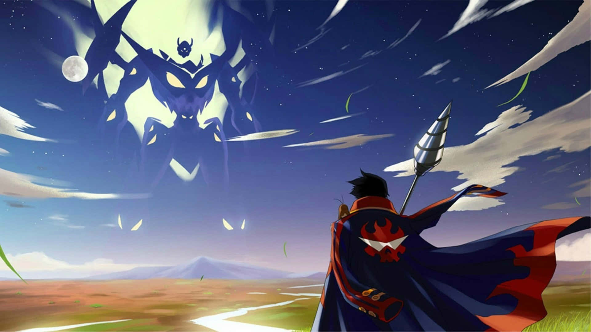 Gurren Lagann 桌布 壁紙 — 一個孤獨的戰士身穿紅藍斗篷，在滿月星空下對抗一個巨大的陰影怪物。