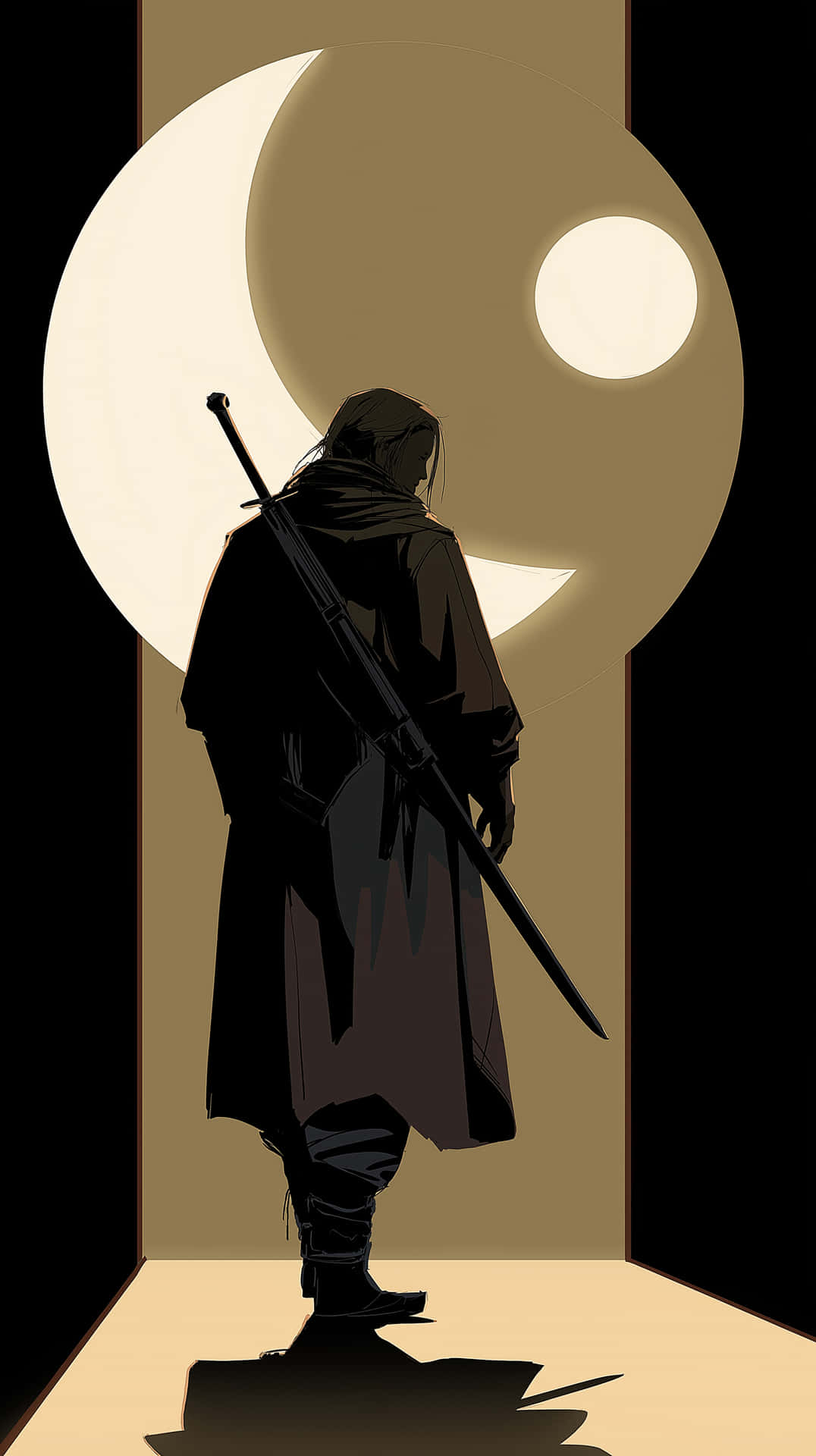 Warrior Silhouette with Sword Against Moon-like Light 壁紙 — 一個孤獨的戰士身穿黑色斗篷，背著劍，以大型陰陽符號為背景形成剪影。