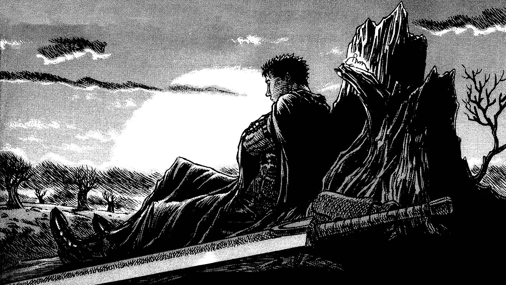 Berserk Guts 桌布 壁紙 — 一個孤獨的戰士靠著一塊參差不齊的岩石休息，他的劍放在身邊，天空一片荒涼。