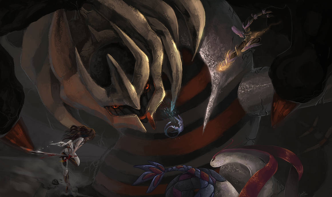 Giratina 桌布 壁紙 — 一個孤獨的戰士面對一個擁有發光紅眼和鋸齒狀角的巨大怪物，在黑暗、粗糙的奇幻戰鬥場景中。