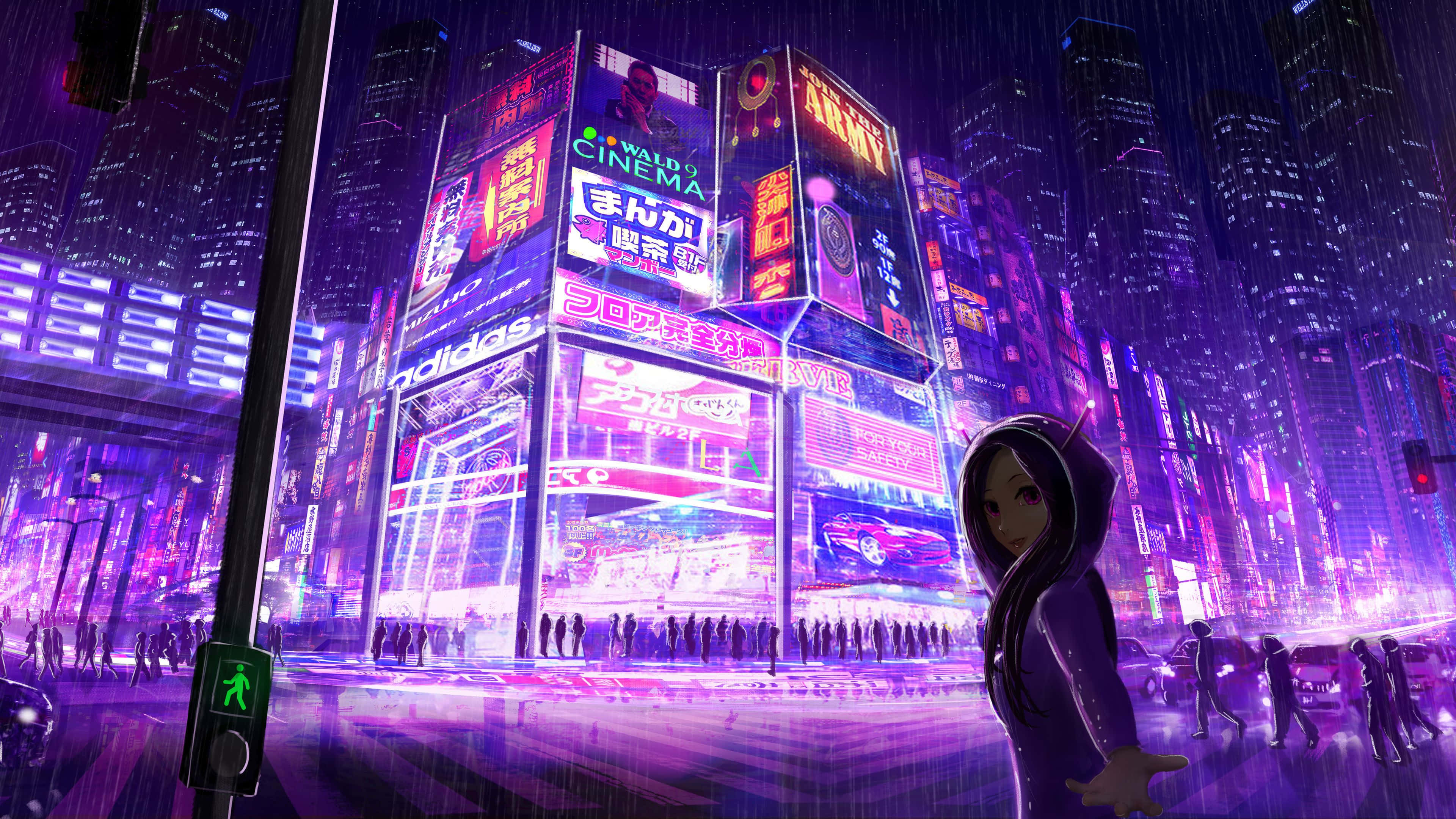 Cyberpunk Laptop 桌布 壁紙 — 一個孤獨的戴兜帽人物站在雨濕的霓虹燈浸透的賽博龐克城市景觀中，夜晚有高聳的發光廣告牌和反光的濕漉漉街道。