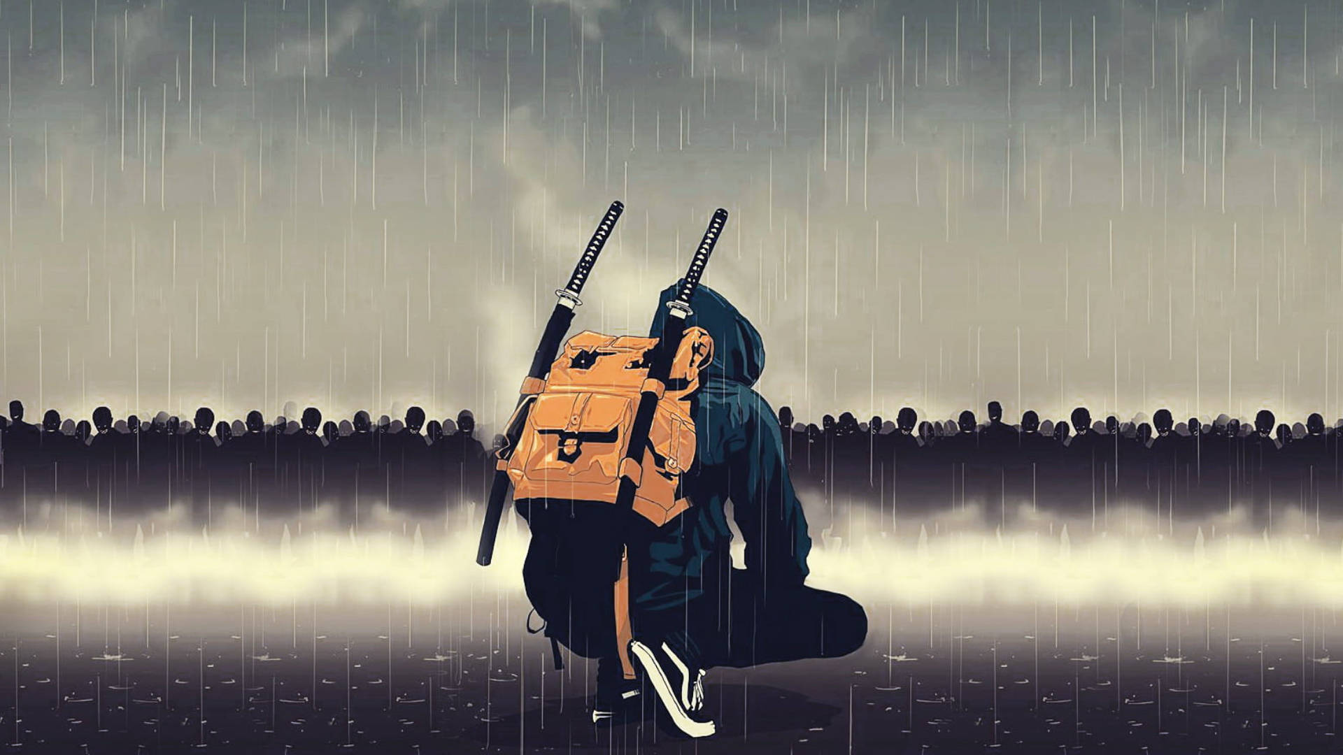 武士動畫 桌布 壁紙 — 一個孤獨的戴兜帽戰士，背上兩把劍，在雨中跪著，面向遠處的人群，天空灰濛濛。