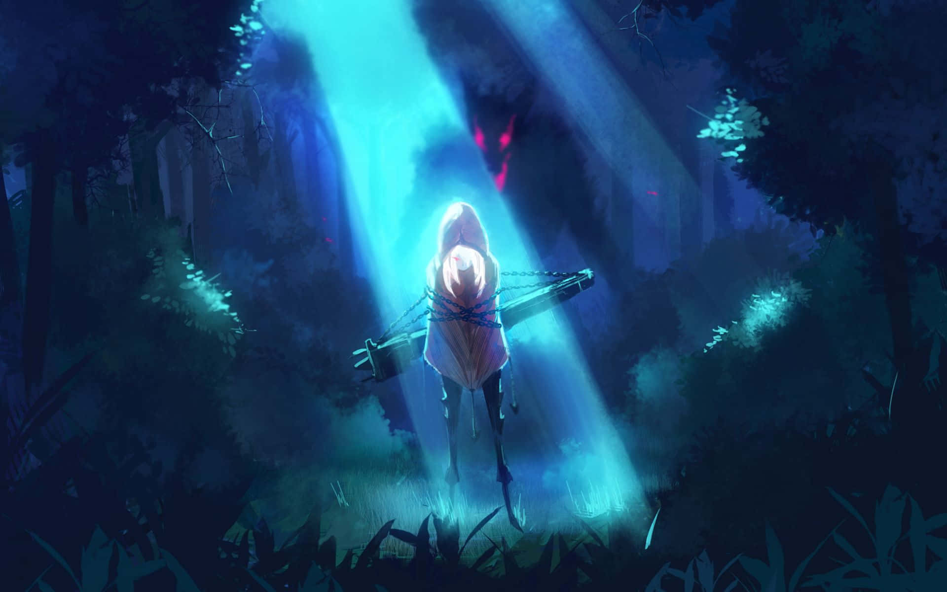 Anime Wolf Art 桌布 壁紙 — 一個孤獨的戴兜帽身影站在黑暗的森林中，沐浴在空靈的藍光下，周圍有發光的植物和陰影中不祥的紅色眼睛。