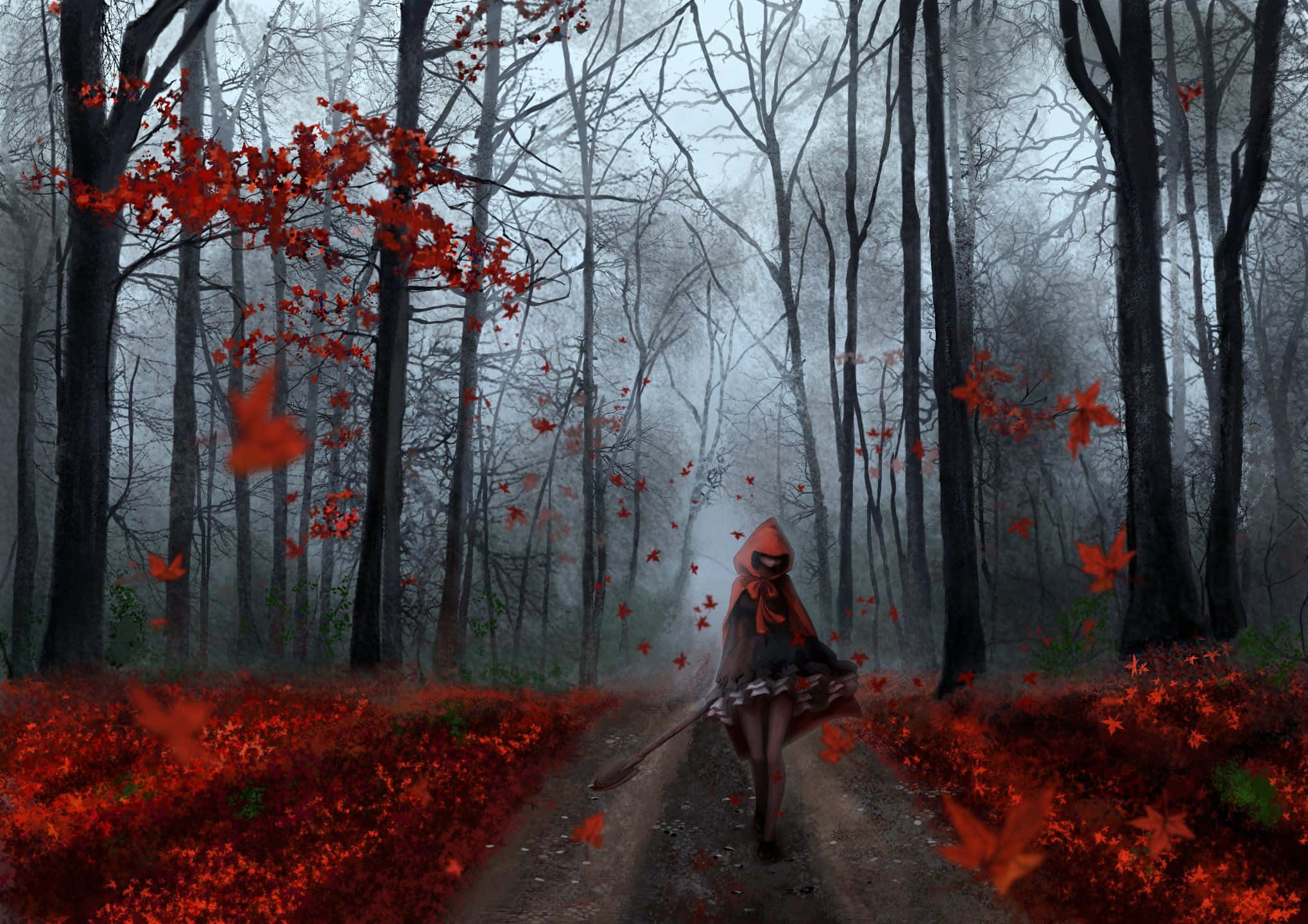Anime Forest 桌布 壁紙 — 一個孤獨的戴兜帽身影走在霧氣瀰漫的森林小徑上，周圍是鮮紅的秋葉和光禿禿的樹木。