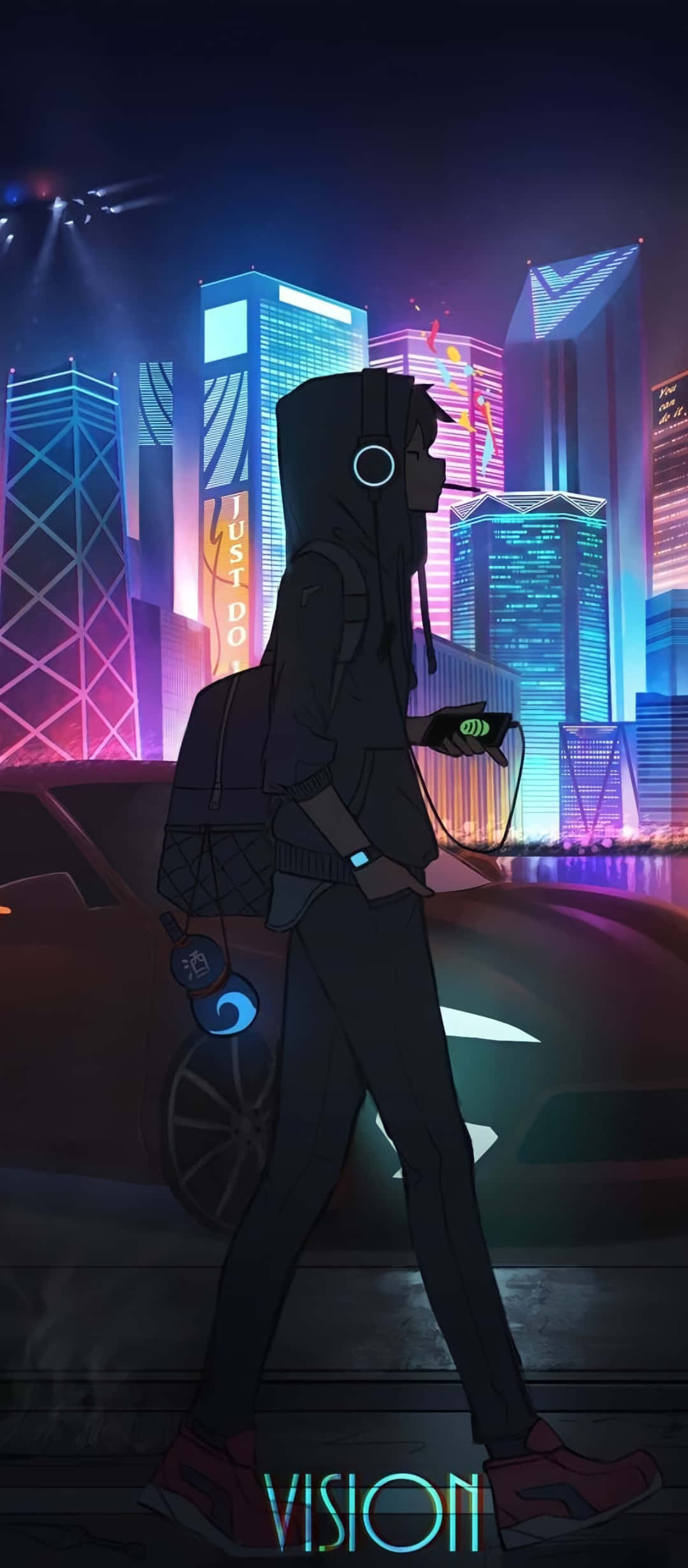 1080x2640 桌布 壁紙 — 一個孤獨的戴帽人影在夜晚走過一輛發光的汽車，背景是充滿活力的霓虹燈城市天際線。
