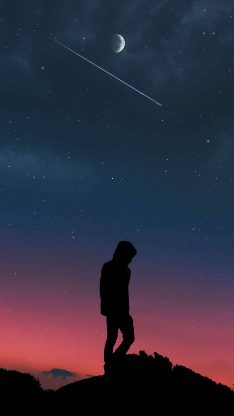 夜空 桌布 壁紙 — 一個孤獨的戴帽人影站在山丘頂上，以剪影形式凝視著繁星點點的夜空，夜空中有新月和流星。