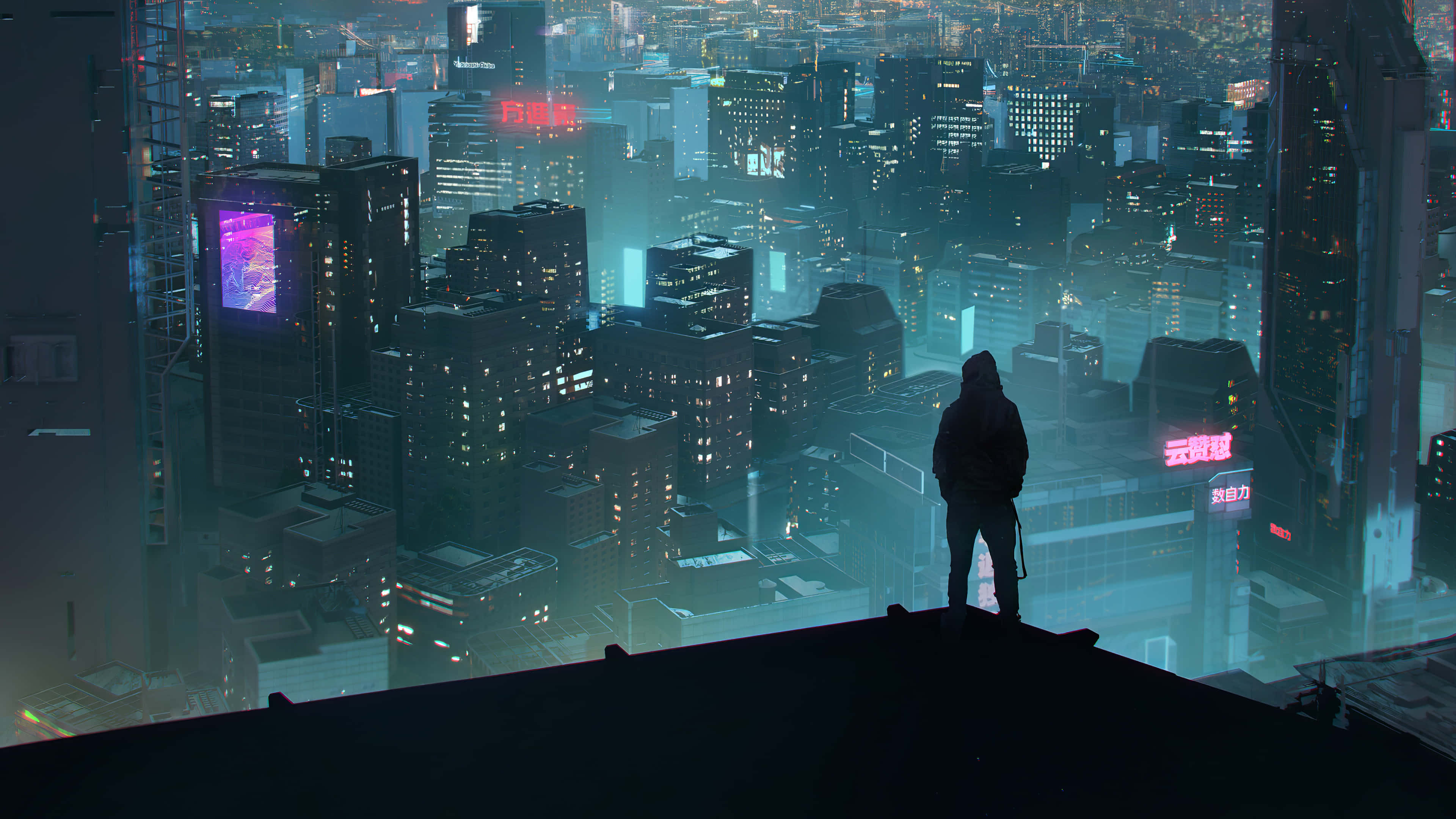 Rooftop 桌布 壁紙 — 一個孤獨的戴帽人影站在摩天大樓邊緣，俯瞰著夜晚霓虹燈閃爍的賽博龐克城市景觀。