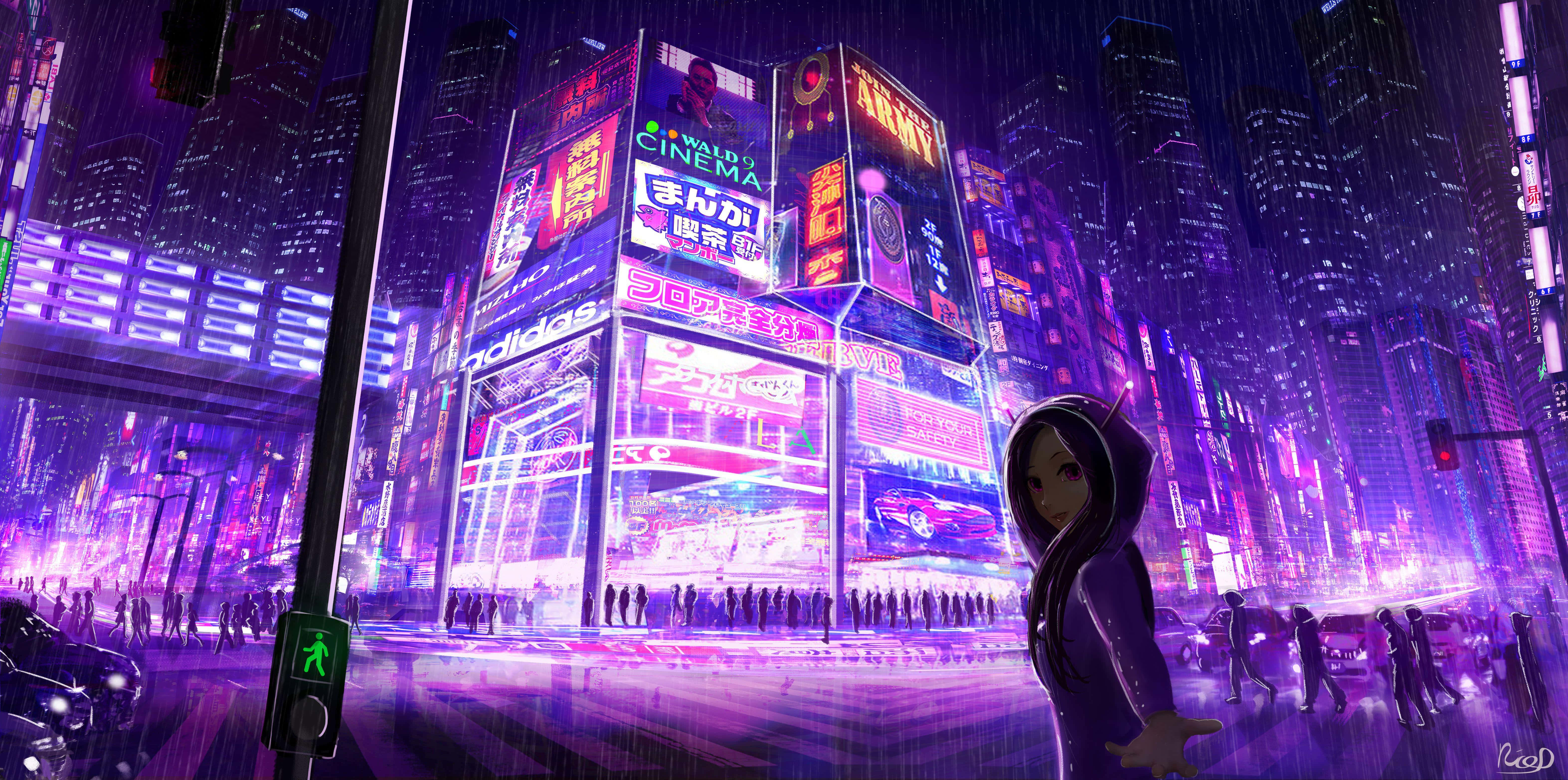 Neon City Aesthetic 桌布 壁紙 — 一個孤獨的戴帽人影站在雨濕的霓虹浸染的賽博龐克城市景觀中，紫色和粉紅色的數位廣告看板閃閃發光。