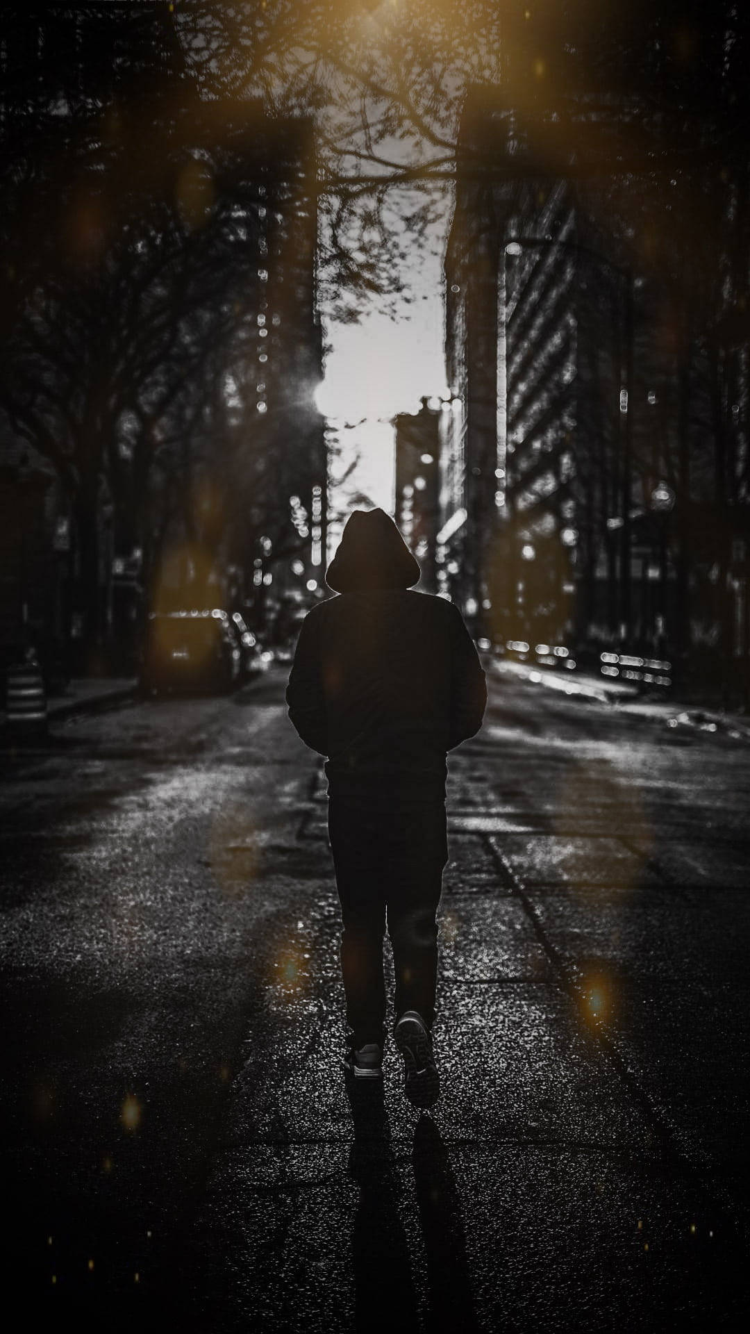 loneliness 桌布 壁紙 — 一個孤獨的戴帽人物在夜晚沿著濕漉漉的城市街道走遠，發光的街燈投射出金色的光芒。