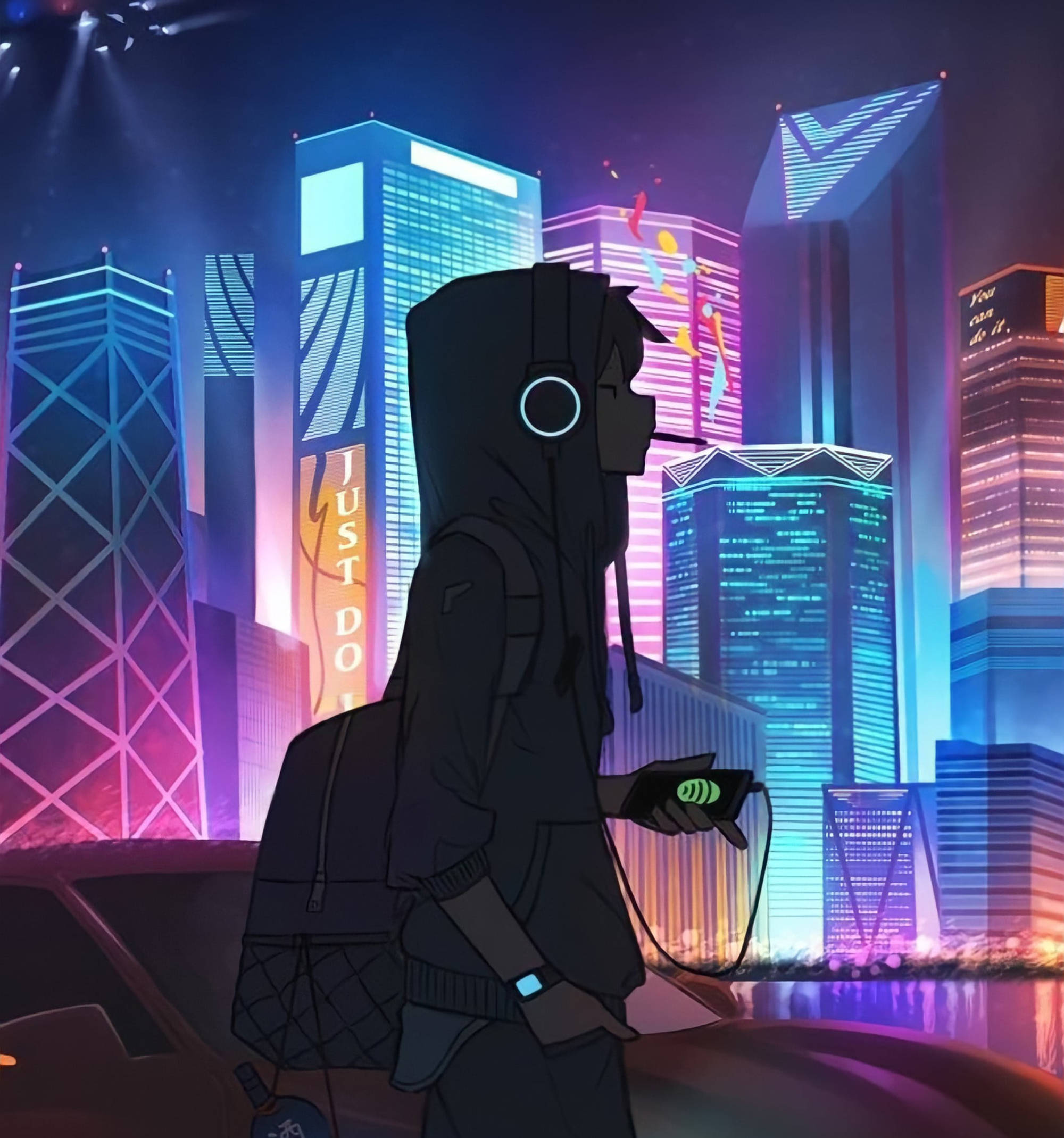 icon 桌布 壁紙 — 一個孤獨的戴帽人物戴著發光耳機，夜晚站在霓虹燈閃爍的未來城市景觀前。