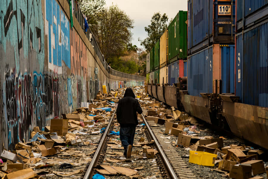 Train Tracks 桌布 壁紙 — 一個孤獨的戴帽人物穿過一條充滿垃圾的火車通道，兩旁是塗鴉牆壁和色彩繽紛的貨櫃。