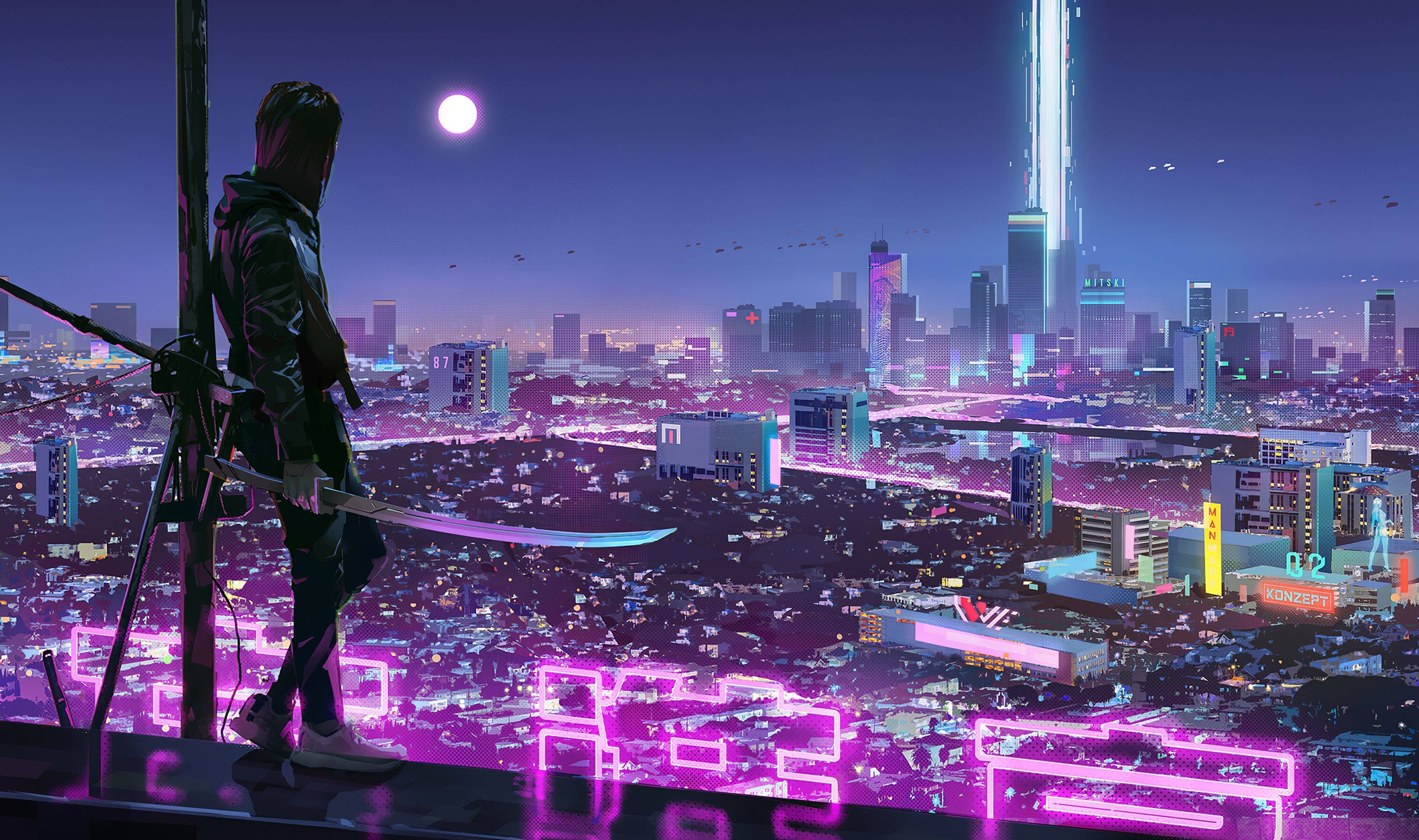 City View 桌布 壁紙 — 一個孤獨的戴帽人物站在屋頂上，俯瞰著在發光月亮下充滿霓虹燈的賽博龐克城市景觀。