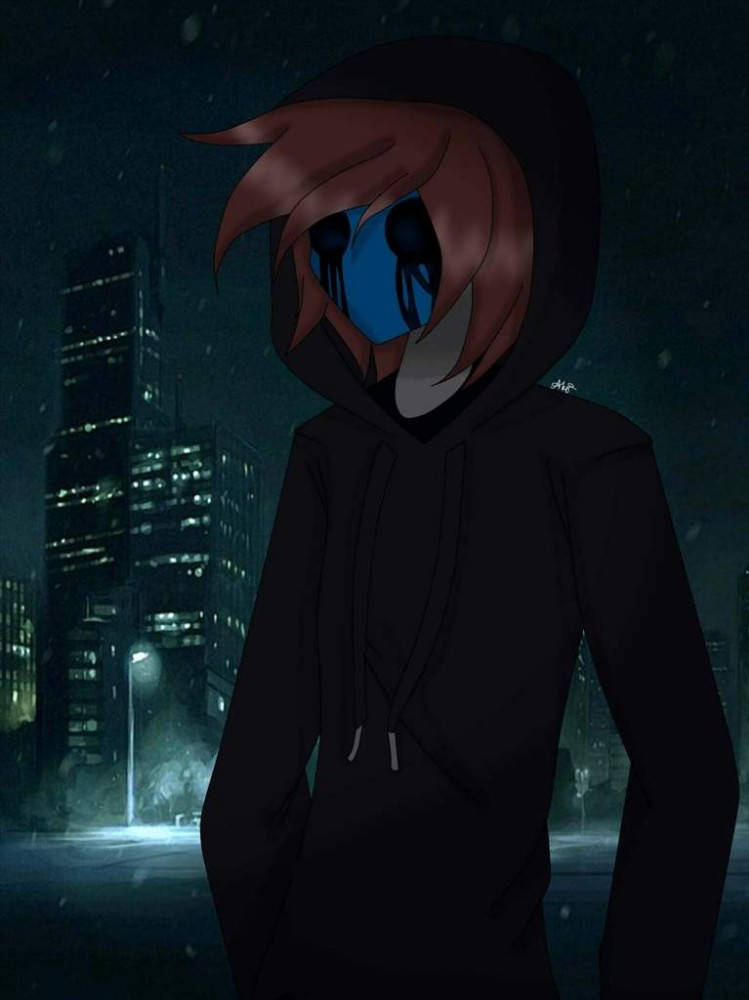Eyeless Jack 桌布 壁紙 — 一個孤獨的戴帽動漫人物，眼睛發出藍光，站在雪夜的城市中，背後建築物燈火通明。