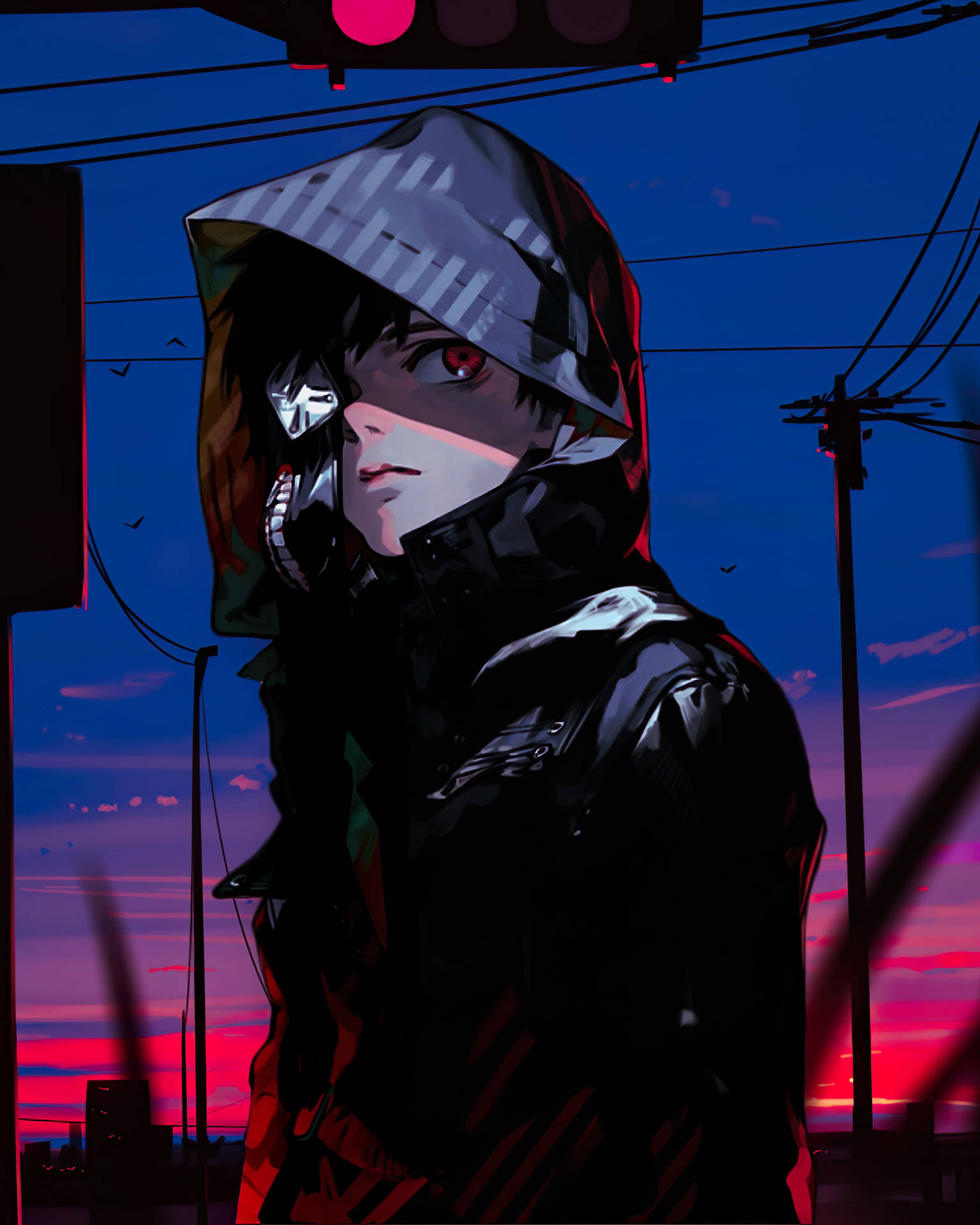 穿著連帽衫的動漫角色，背景是黃昏時霓虹燈閃爍的城市景觀。 — 東京喰種 iPhone 壁紙 壁紙