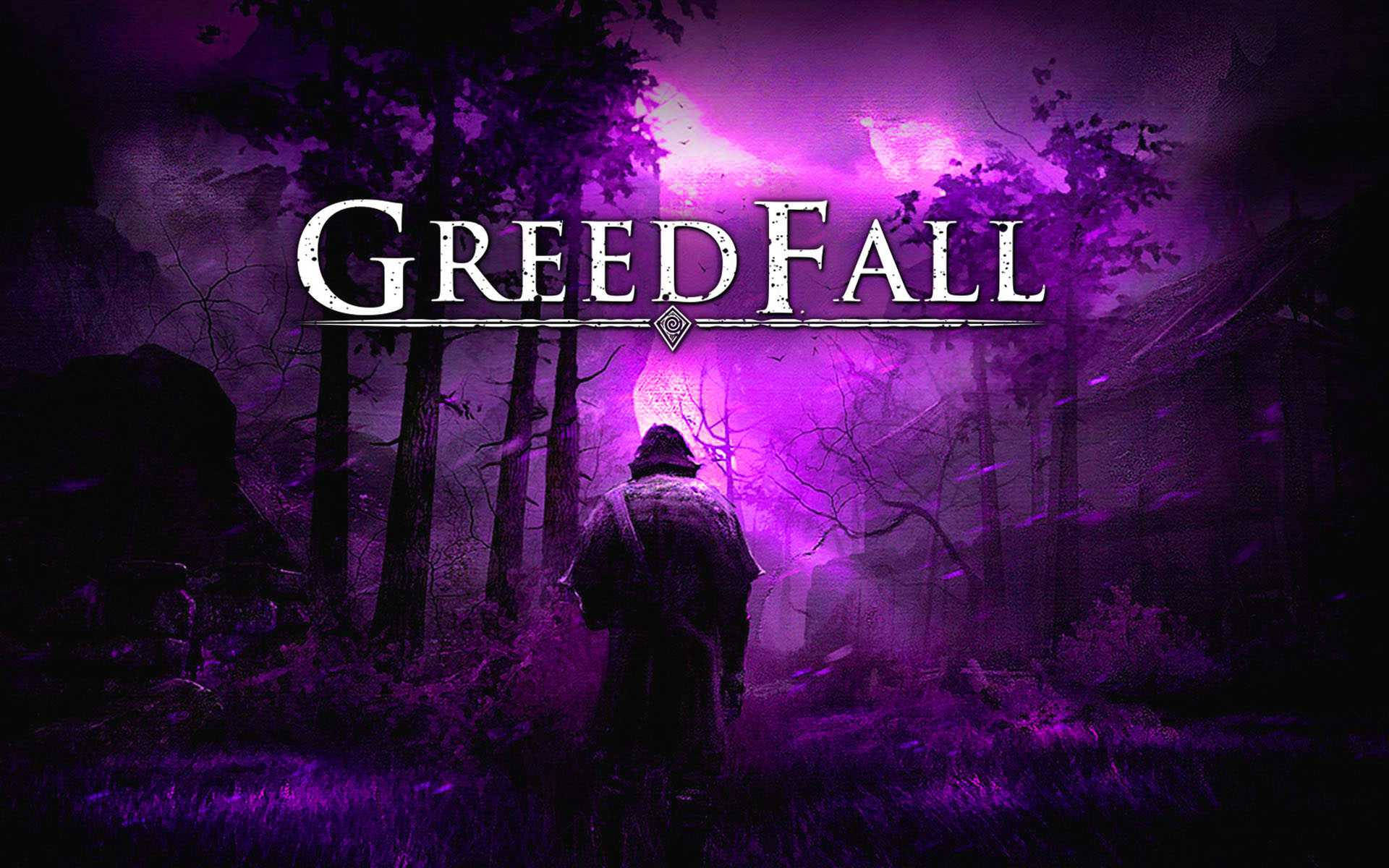 Greedfall 桌布 壁紙 — 一個孤獨的戴帽身影走過霧氣瀰漫的森林，沐浴在詭異的紫色光芒中，而標題 GreedFall 在上方發光。