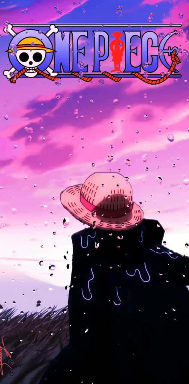 漫畫gif 桌布 壁紙 — 一個孤獨的戴草帽人物在充滿活力的粉紅色和紫色天空襯托下形成剪影，天空點綴著雨滴，上方有One Piece標誌。
