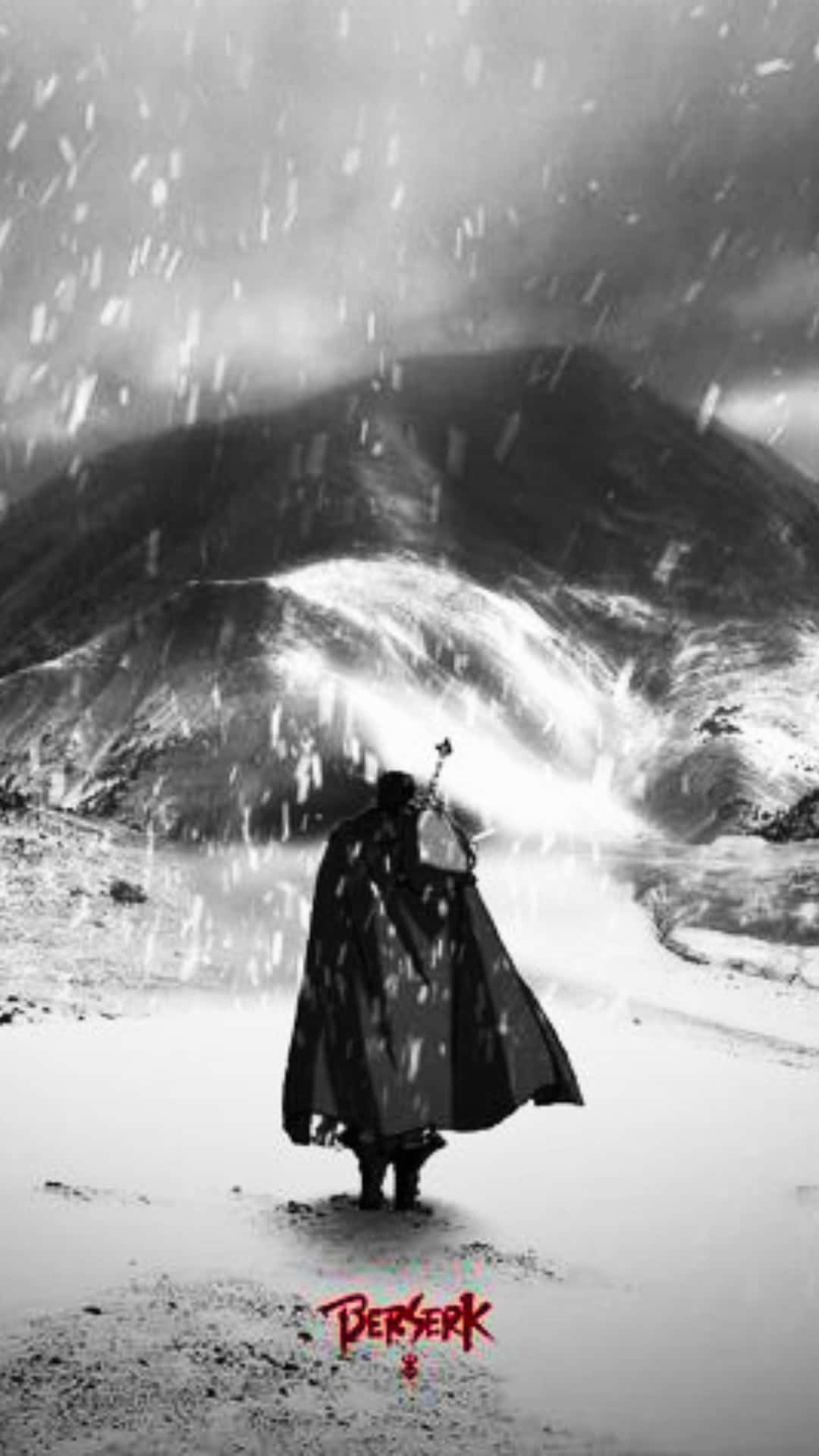 Berserk 壁紙 — 一個孤獨的披風身影站在暴風雪中，面對著一座高聳的山峰，山峰的裂縫發出光芒，天空陰暗。