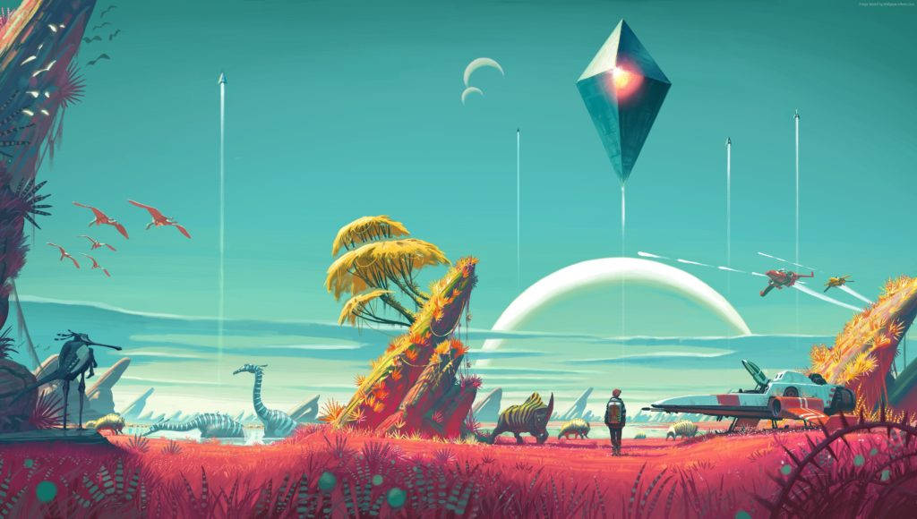 最佳4K 桌布 壁紙 — 一個孤獨的探險家站在一個充滿活力的外星行星上，有紅色的草、恐龍、飛行的爬行動物，以及一個發光的鑽石形狀的太空船懸浮在彎月之上。