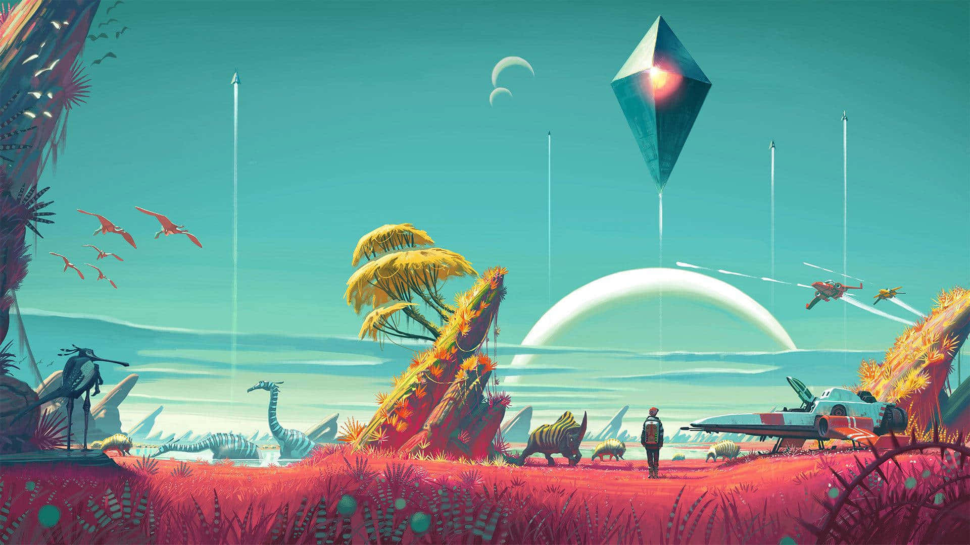 1920X1080 桌布 壁紙 — 一個孤獨的探險家站在一個充滿活力的外星行星上，有紅色的草、史前生物、飛行的爬行動物，以及一個發光的鑽石形狀的太空船懸浮在彎曲的地平線之上。