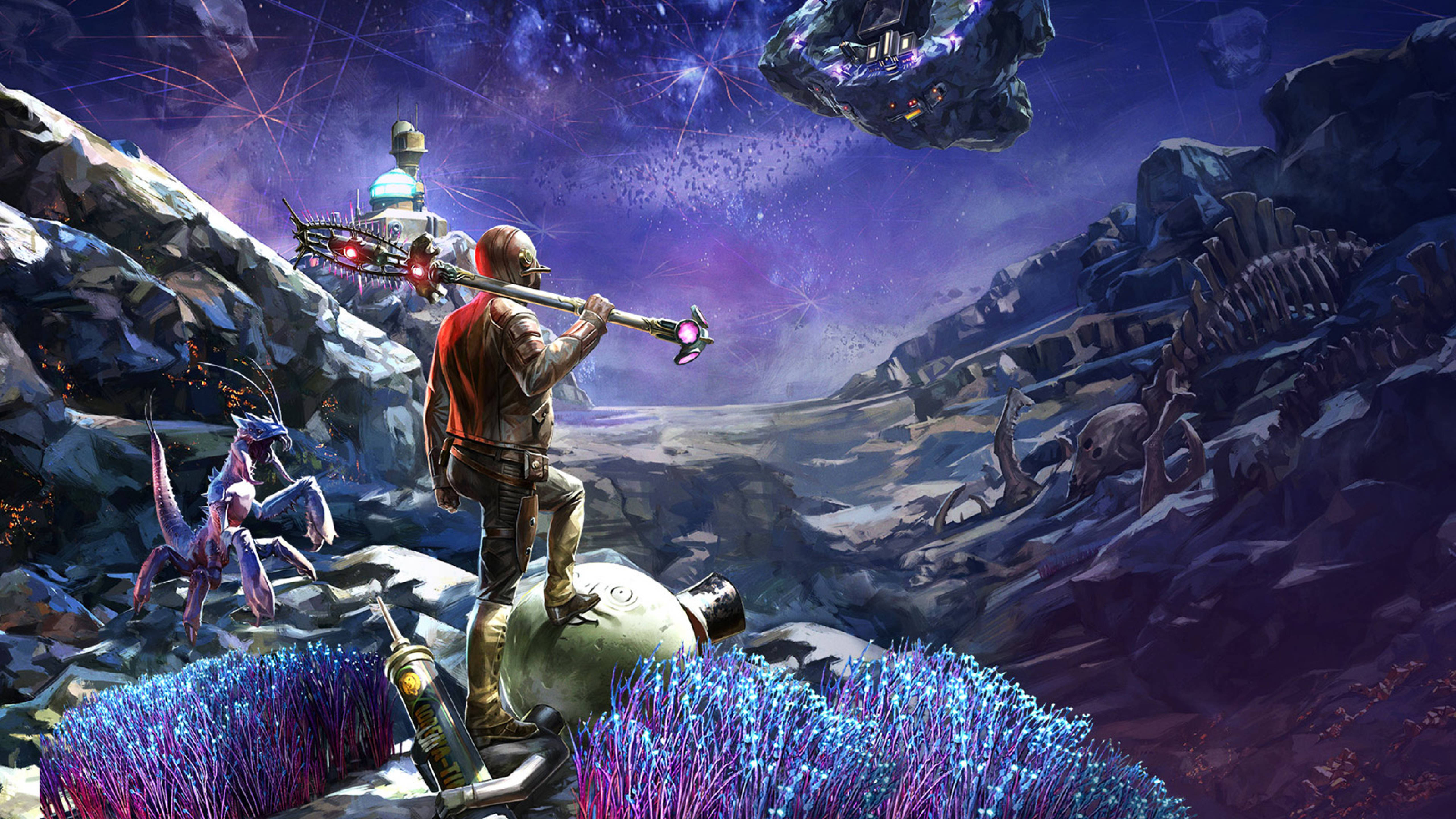 Outer Worlds 桌布 壁紙 — 一個孤獨的探險家站在一艘失事的太空船上，周圍是外星紫色植物和崎嶇的岩石，頭上是星光燦爛的宇宙天空。