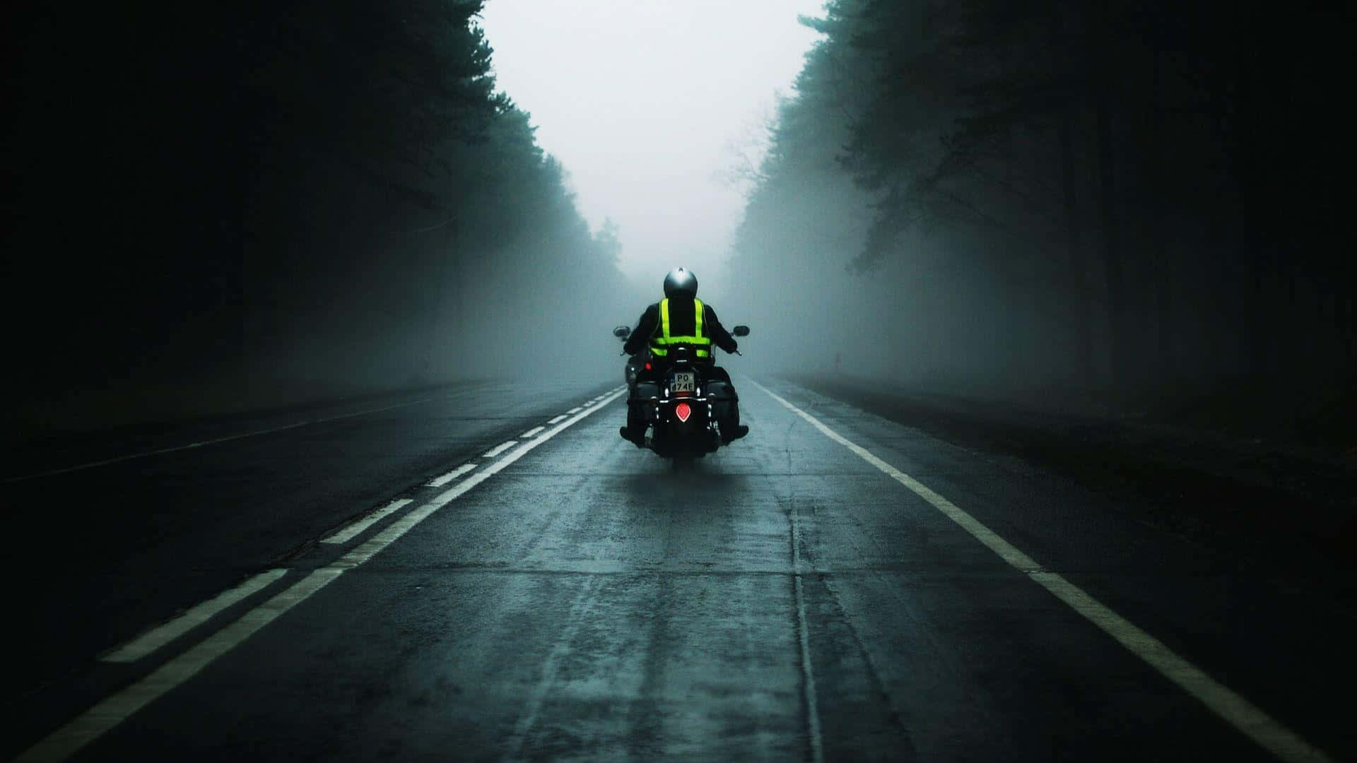 Rider 桌布 壁紙 — 一個孤獨的摩托車騎士穿著亮黃色背心，在潮濕的道路上駛過濃霧籠罩的森林。