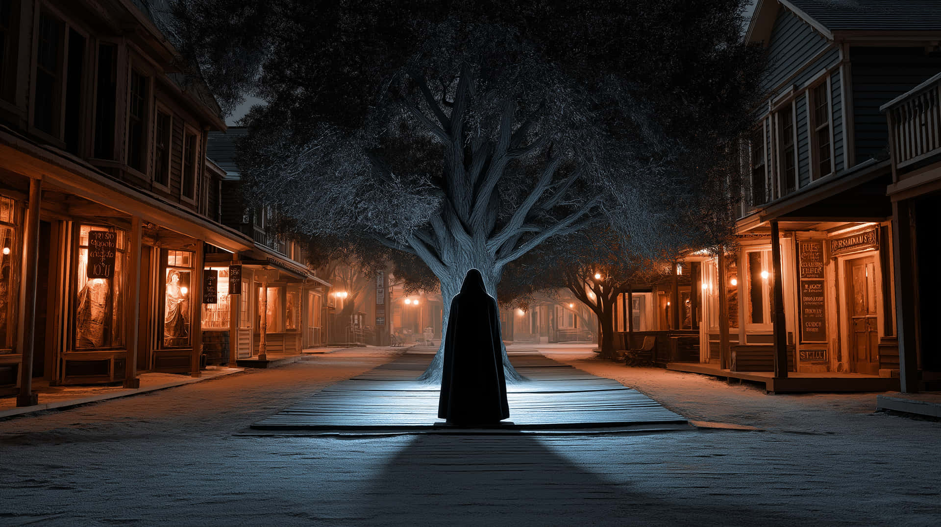 Cloaked Figure Under Dark Tree in Snowy Street 壁紙 — 一個孤獨的斗篷人物站在舞台中央，在一條灑滿雪的木板路上，下方是一棵巨大的樹，兩旁是溫暖燈光的復古店面，天空是暮色。