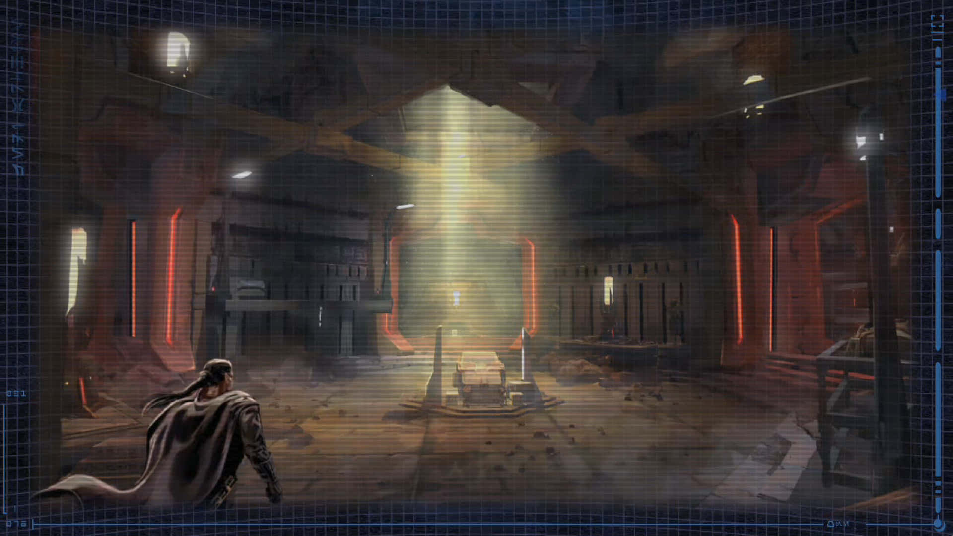 Jedi Council 桌布 壁紙 — 一個孤獨的斗篷人物跪在昏暗的未來廢墟中，一道光束照亮了中央的基座。