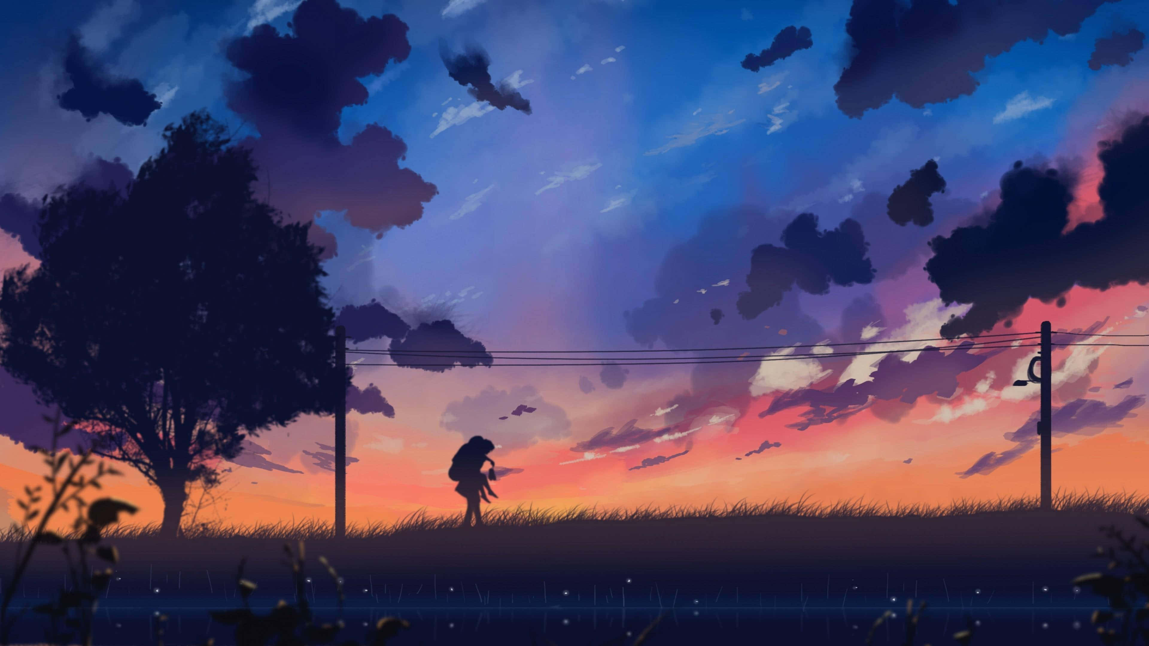 Beautiful Anime Scenery 桌布 壁紙 — 一個孤獨的旅行者背著背包，在日落時分走過草地，天空呈現戲劇性的紫色和橙色。