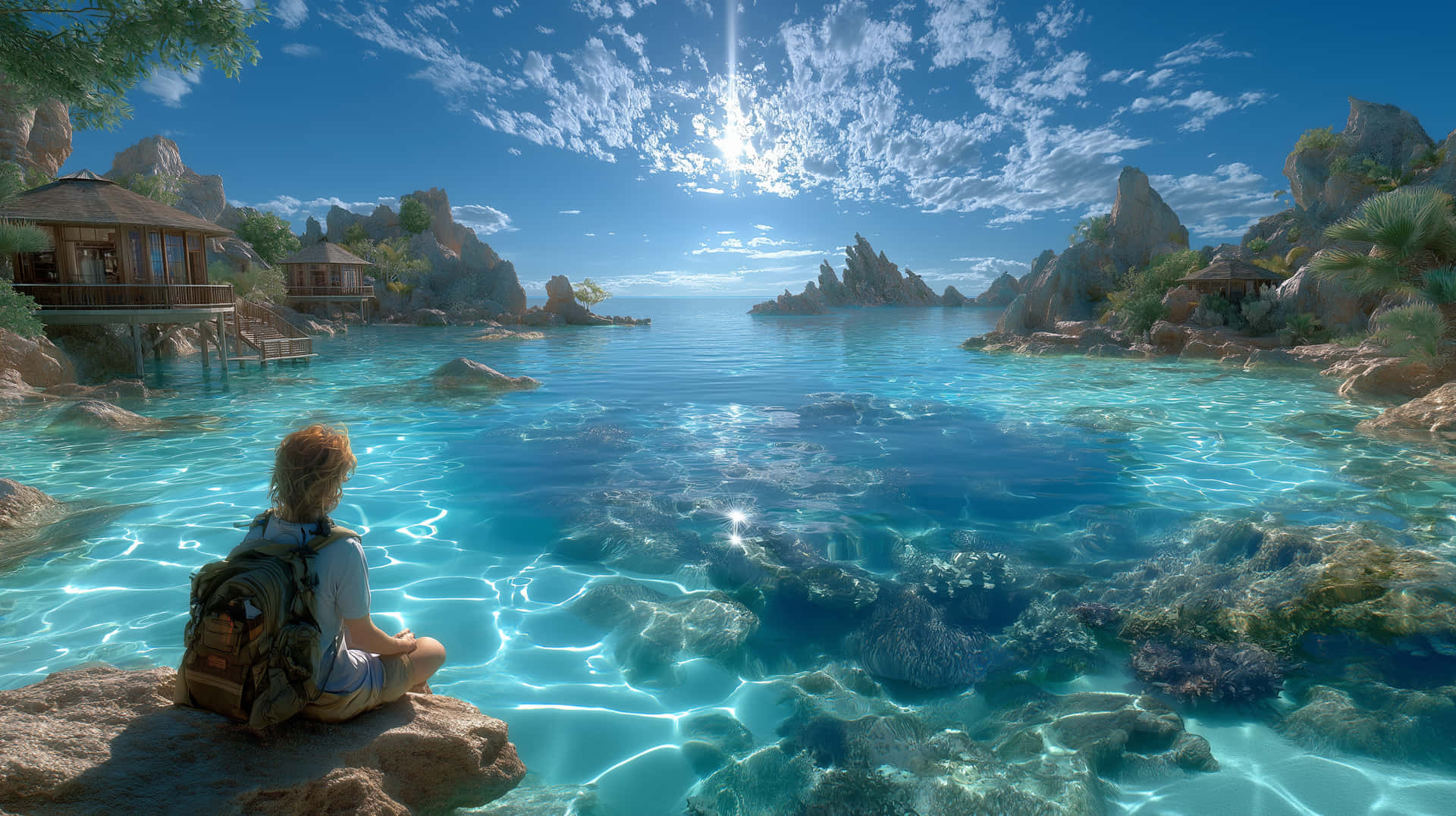 Solo Traveler Meditating by Turquoise Tropical Waters 壁紙 — 一個孤獨的旅行者背著背包坐在岩石上，凝視著清澈碧綠的海水，周圍是熱帶島嶼和木屋，在明亮的藍天下。