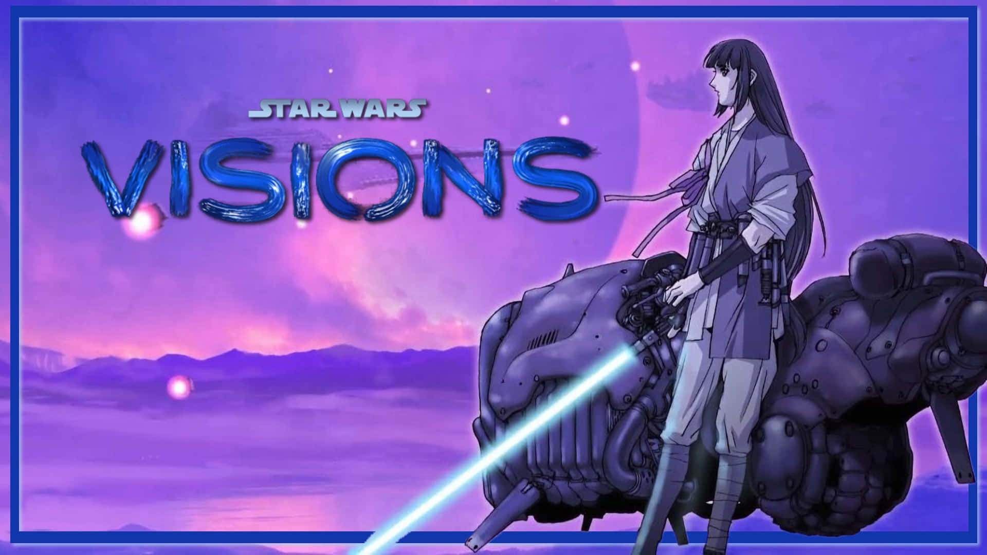 fiction 桌布 壁紙 — 一個孤獨的星際大戰角色站在一個機械生物旁邊，背景是紫色的暮色天空，閃爍著光芒。