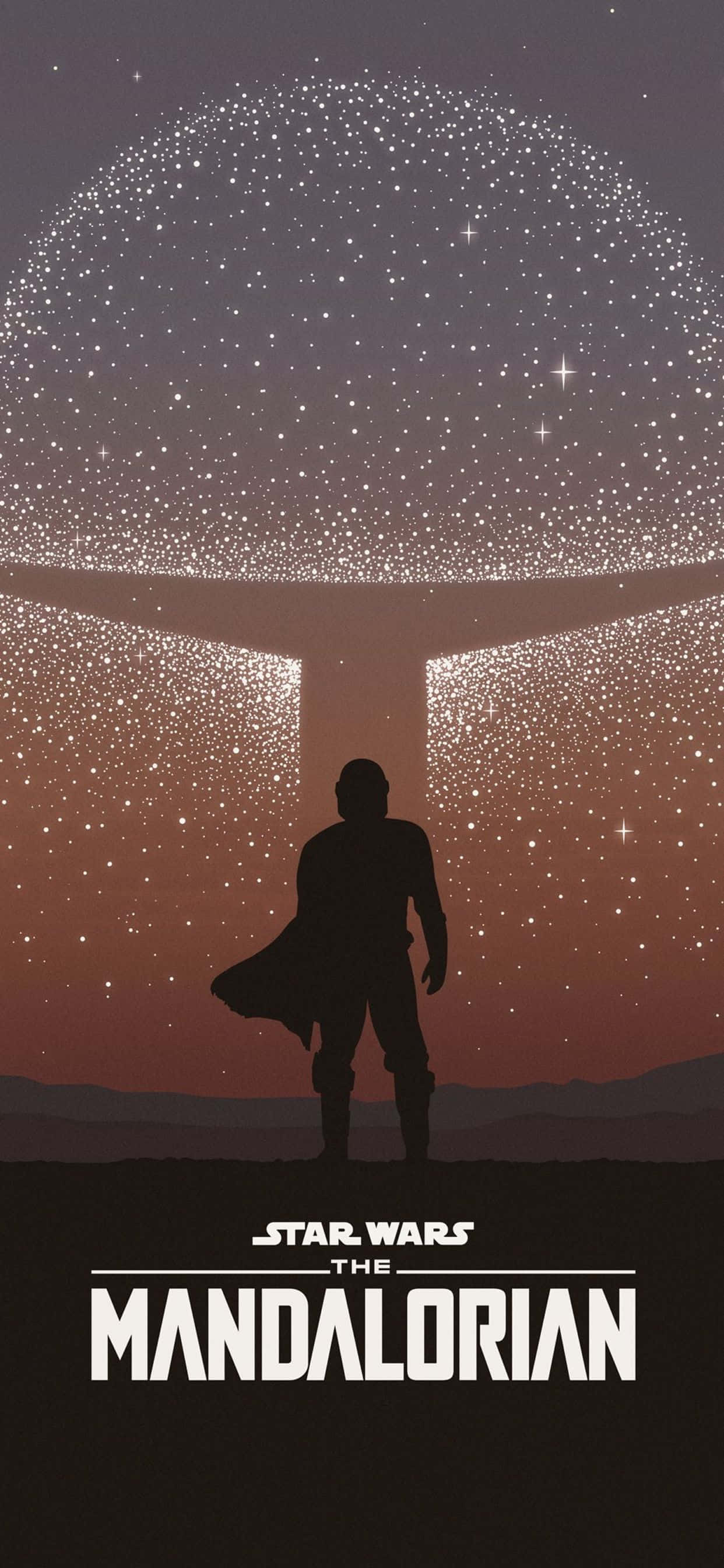 Star Wars Phone 桌布 壁紙 — 一個孤獨的曼達洛人剪影站在星空穹頂下，背景是暮色天空和遠山。