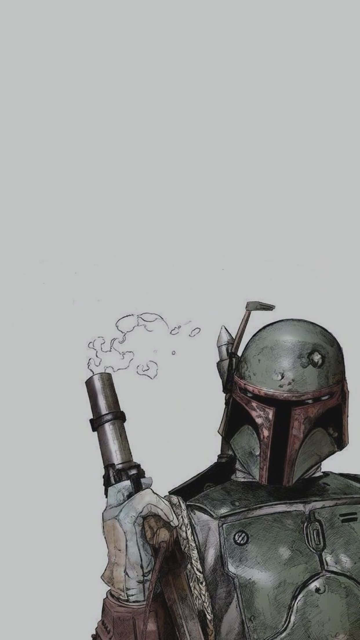 The Mandalorian iPhone 桌布 壁紙 — 一個孤獨的曼達洛戰士穿著破舊的盔甲，在純灰色背景前拿著冒煙的爆能槍。