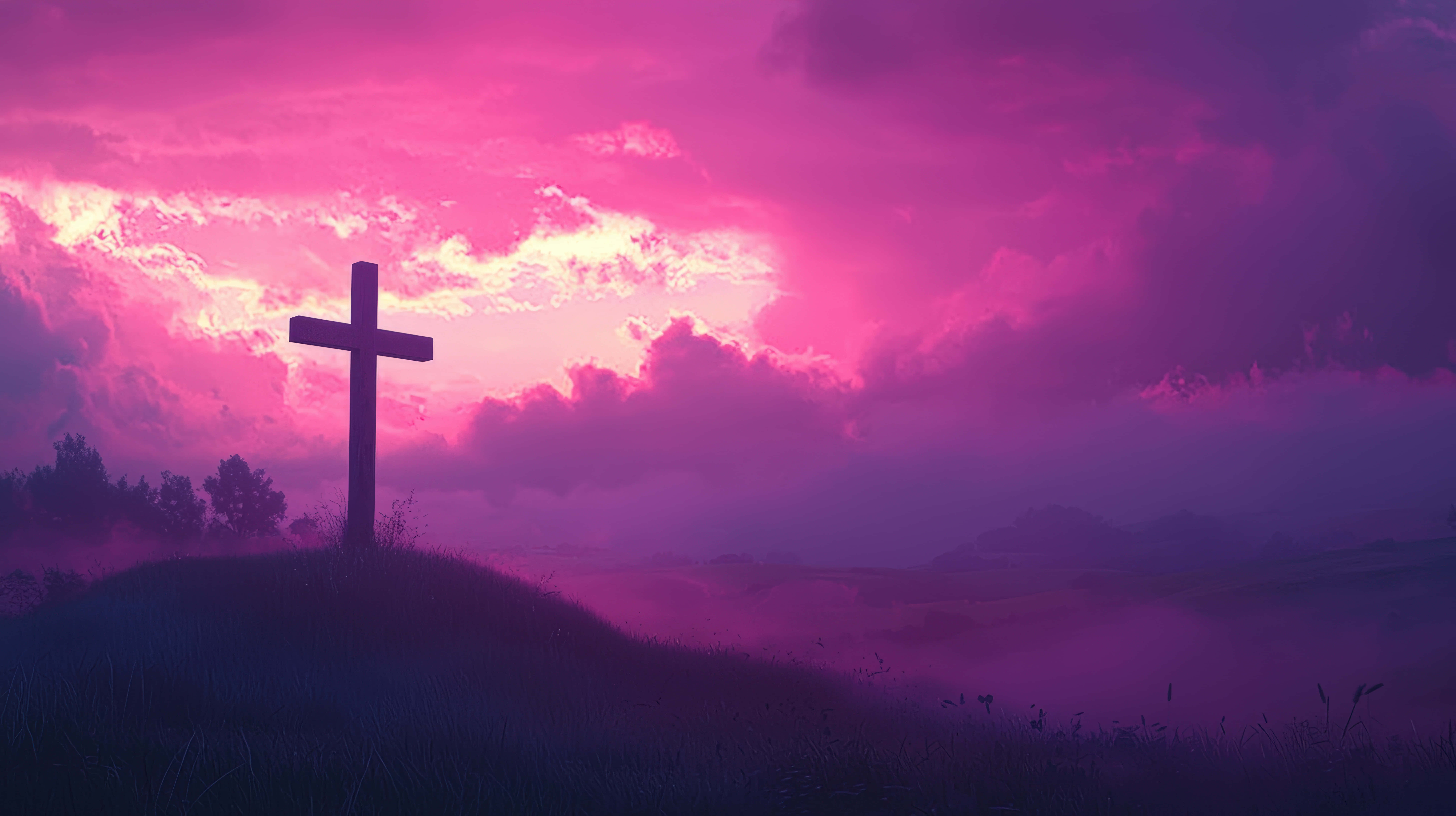 Faith 桌布 壁紙 — 一個孤獨的木製十字架矗立在長滿草的山丘上，下方是霧氣瀰漫的山谷，天空呈現戲劇性的粉紅和紫色日落。