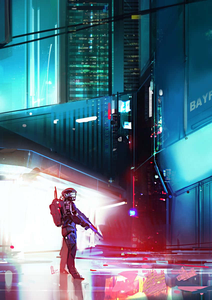 Halo Unsc 桌布 壁紙 — 一個孤獨的未來士兵站在霓虹燈閃爍的賽博朋克小巷中，周圍是高聳的玻璃摩天大樓。